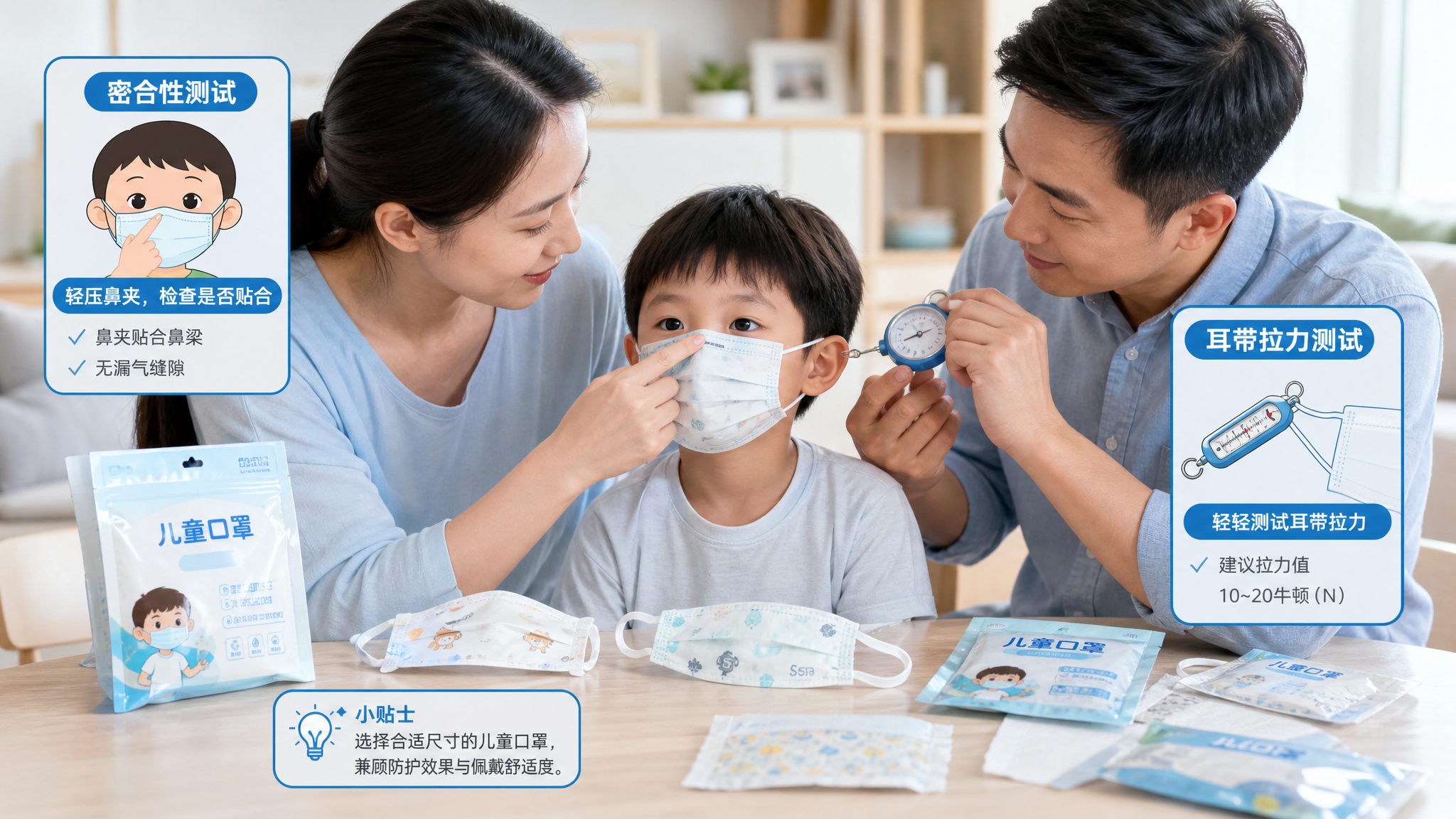 中国年轻父母在明亮整洁的家中餐桌旁,给一位中国学龄前儿童试戴儿童口罩,妈妈用手指轻压鼻夹检查贴合,爸
