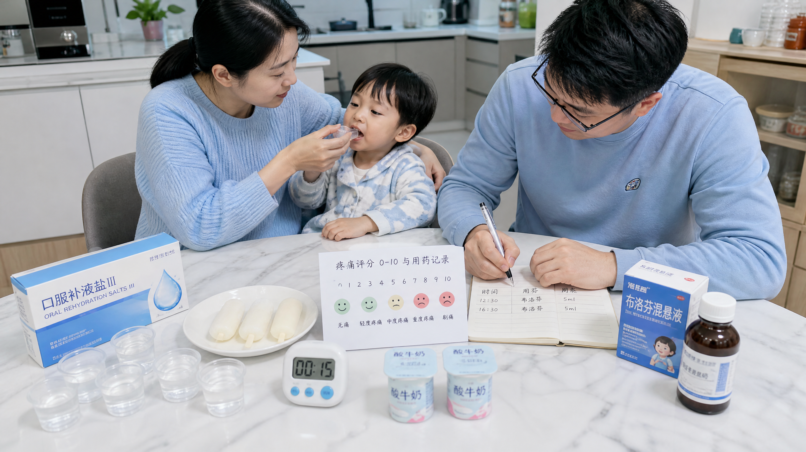 中国年轻父母在家中明亮整洁的餐桌旁照顾生病的中国幼儿，桌面摆放小杯分次补液、冰棒、酸奶、计时器和手写