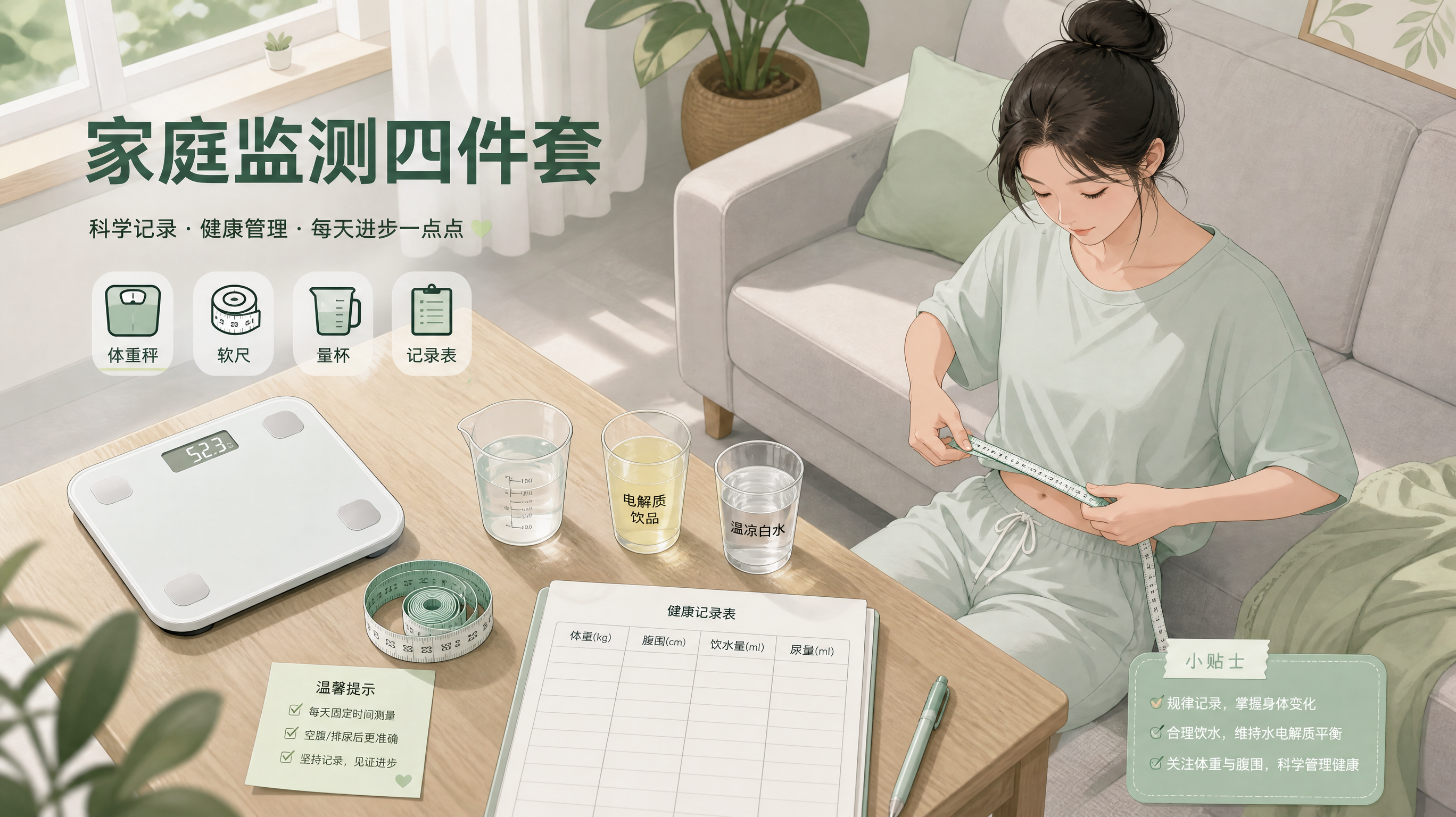 极简信息图风格插画,场景为中国家庭卧室或客厅的一角,桌面摆放家庭监测四件套:电子体重秤、软尺、量杯、