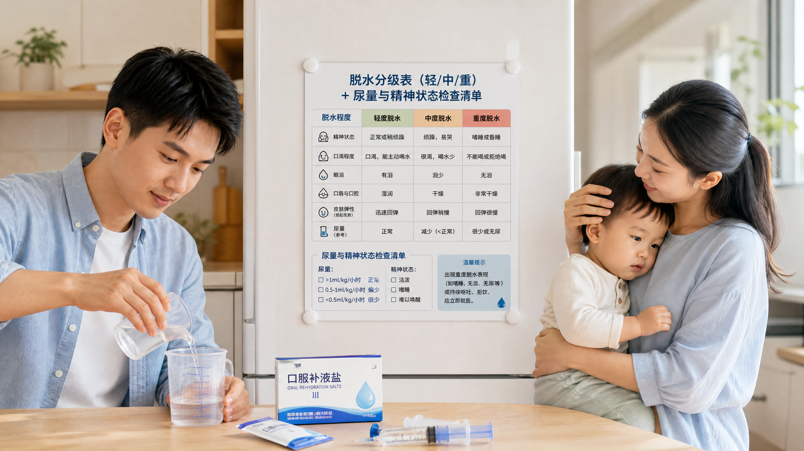 明亮整洁的中国家庭厨房场景，一对中国年轻父母在冰箱门上贴着一张“脱水分级表（轻/中/重）+ 尿量与精