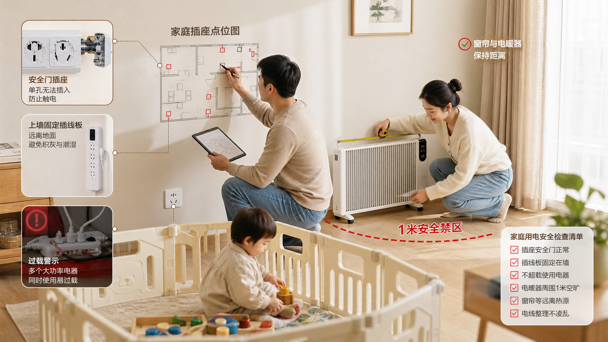 中国家庭客厅场景，年轻中国爸爸和年轻中国妈妈一起带着1-3岁中国幼儿做家庭用电安全检查，爸爸手拿平板