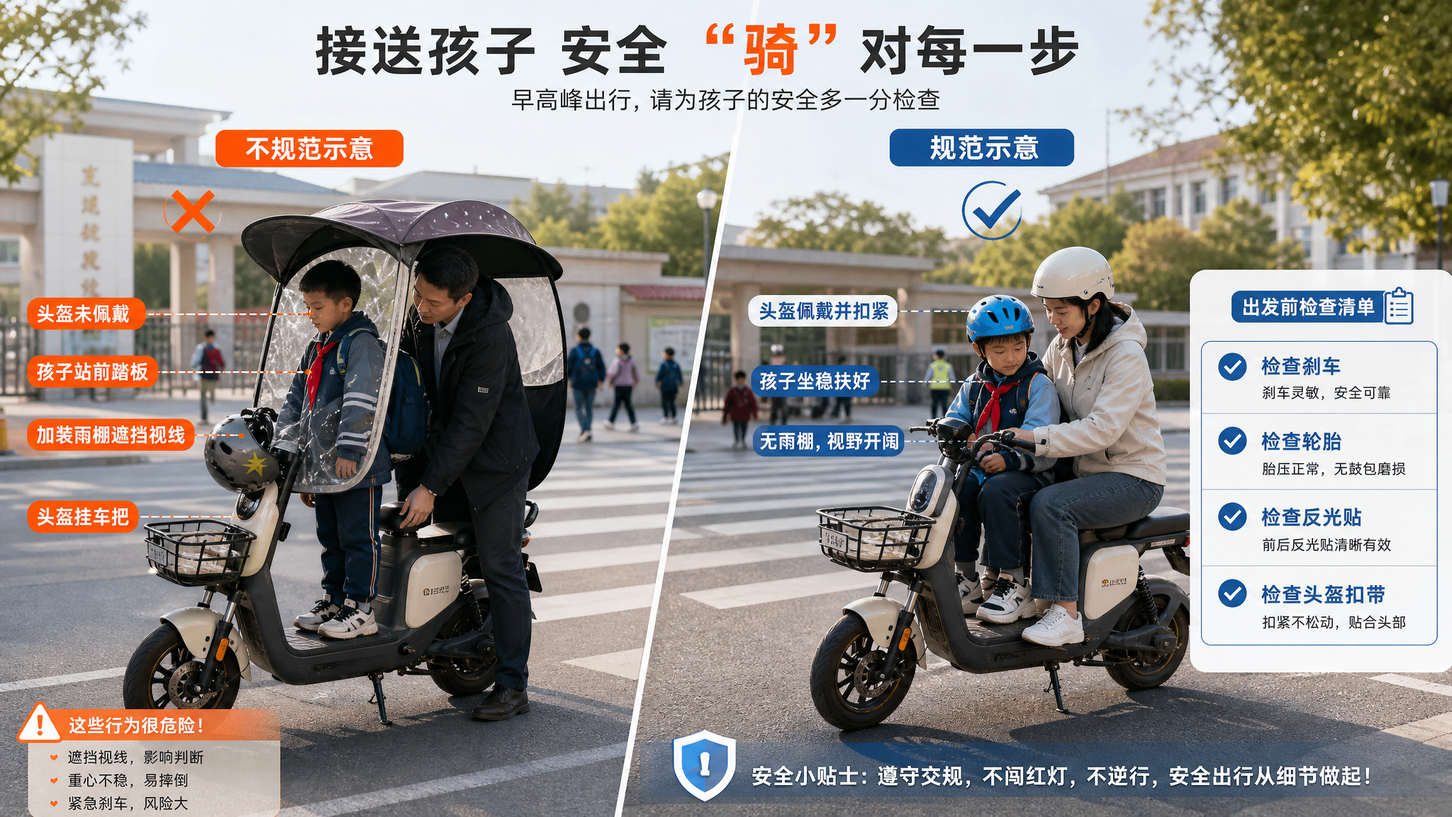 中国校园周边早高峰街景，中国年轻父母骑电动自行车接送中国小学生，父母与孩子都正确佩戴头盔并扣紧，车辆