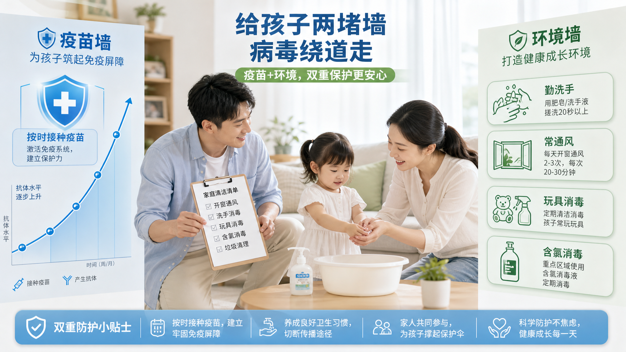 竖版海报构图，温馨真实的家庭场景，中国年轻父母在客厅里照顾一名中国幼儿，画面中用直观信息图形式呈现“
