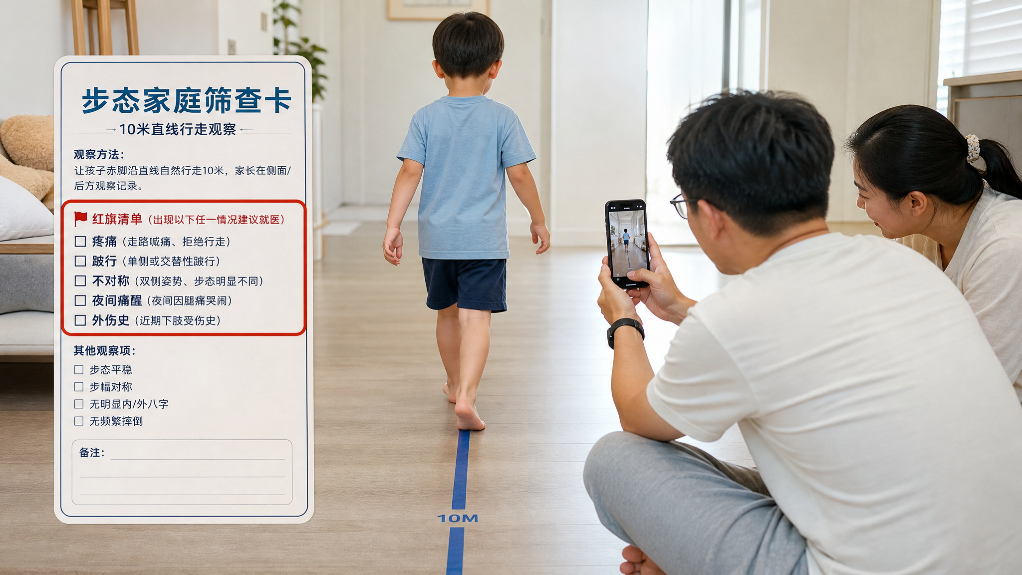 场景在明亮整洁的家庭客厅走廊，地面贴一条直线胶带作为10米直线；中国年轻父母在旁边观察并用手机拍摄，