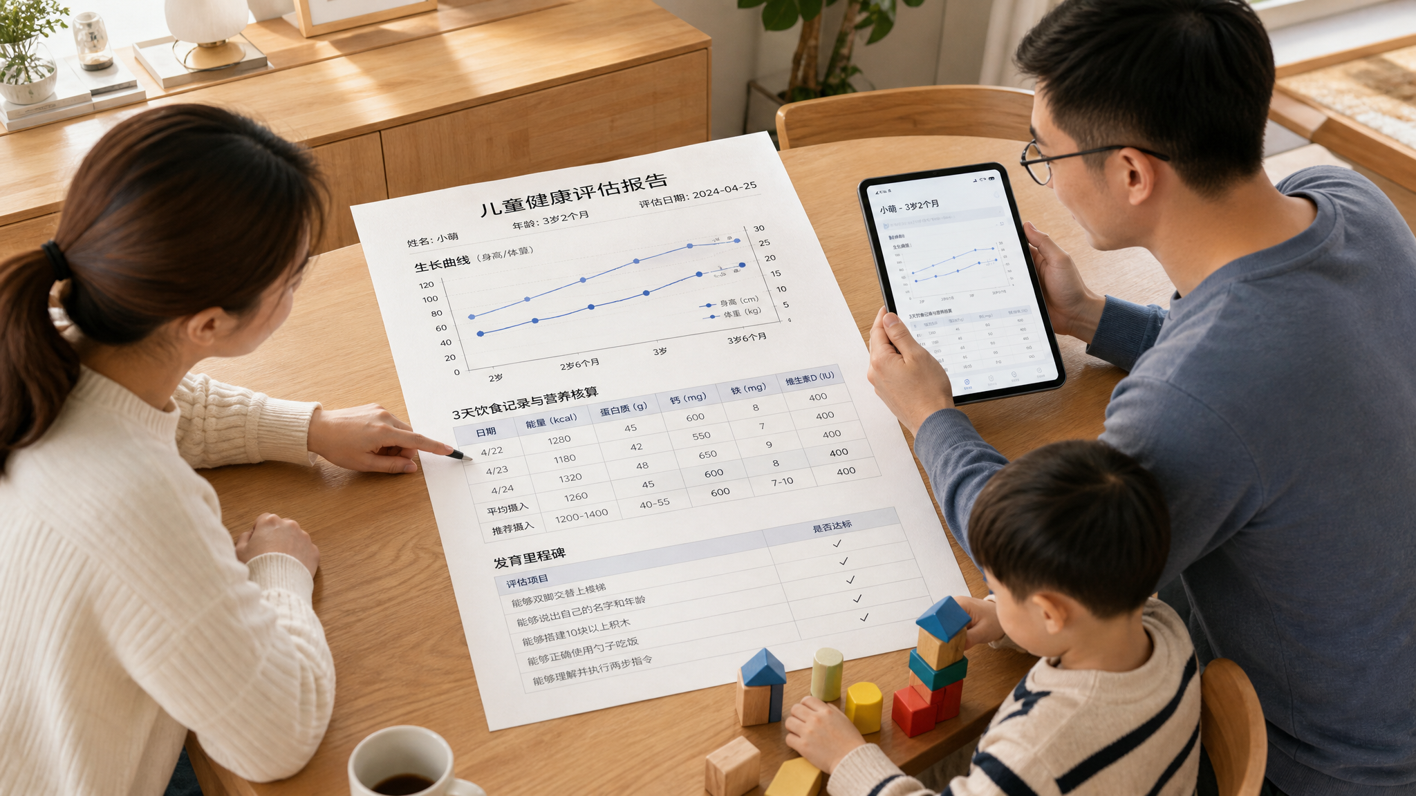中国年轻父母在家中餐桌旁开家庭会议的场景，桌上放着一页式“儿童健康评估报告”纸张，报告顶部是生长曲线