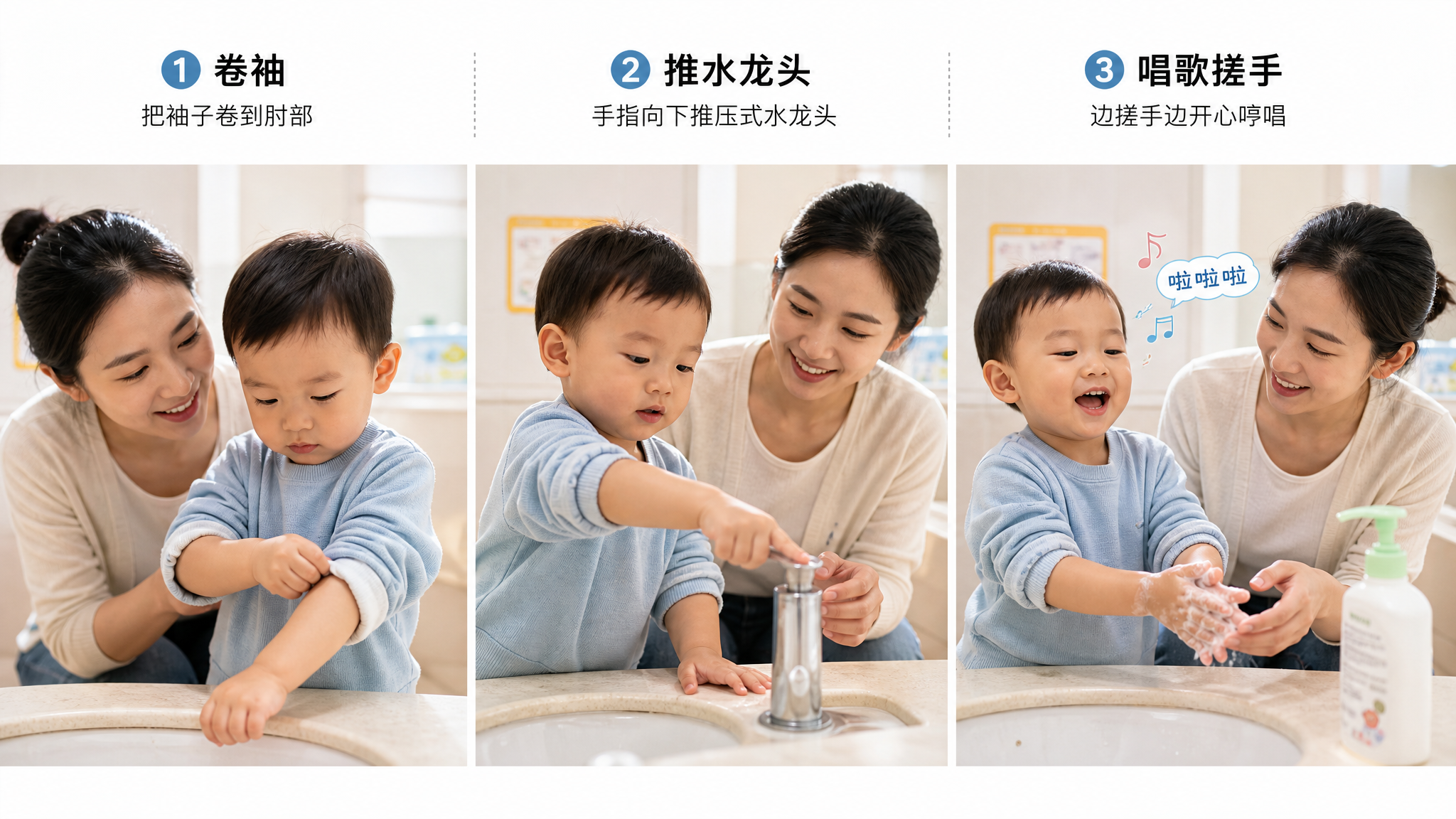 中国幼儿园洗手区或家庭卫生间洗手台前，中国1-3岁幼儿在年轻中国妈妈陪伴下学习洗手，画面展示三步法“