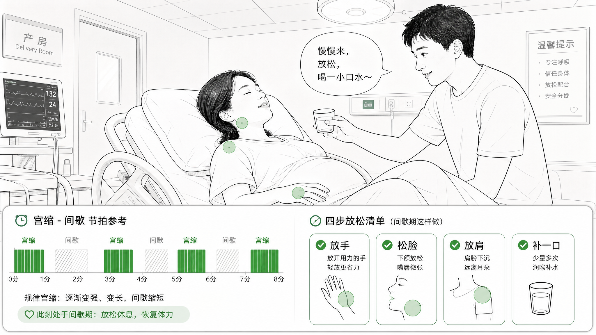 第一产程别硬扛：宫缩间歇2-5分钟省电恢复4步