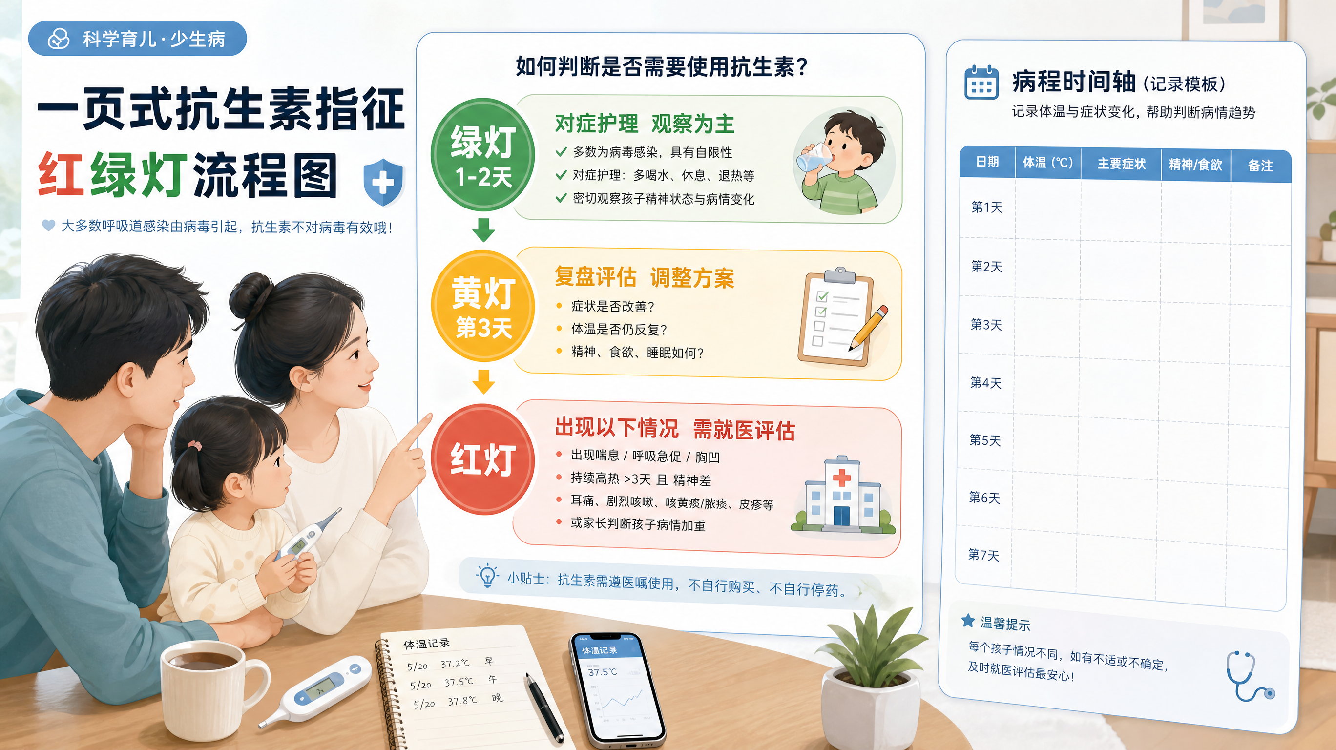 一张适合小红书科普的“一页式抗生素指征红绿灯流程图”海报风插画，画面主体为红黄绿三段流程（绿灯：1-
