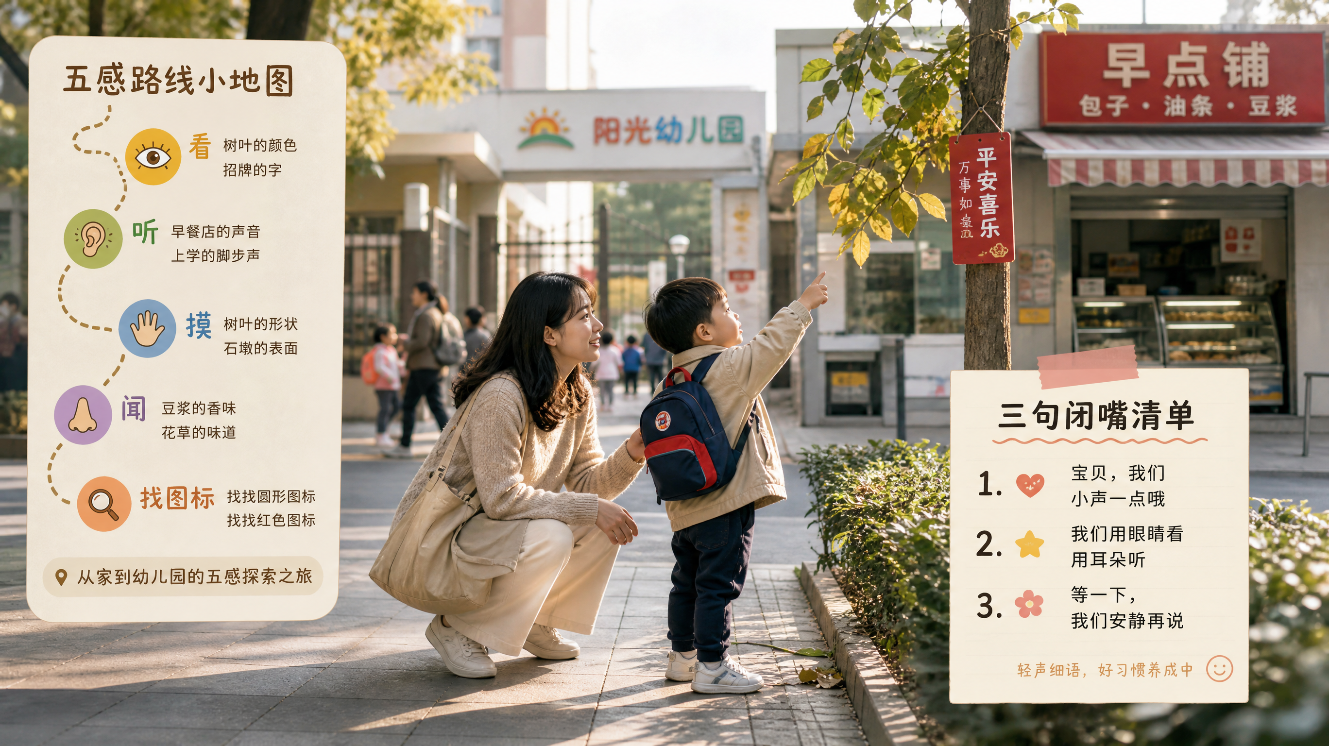 中国城市街区早晨送园场景，一位中国年轻妈妈牵着一位2-3岁中国幼儿走在人行道上，孩子背着小书包，母子