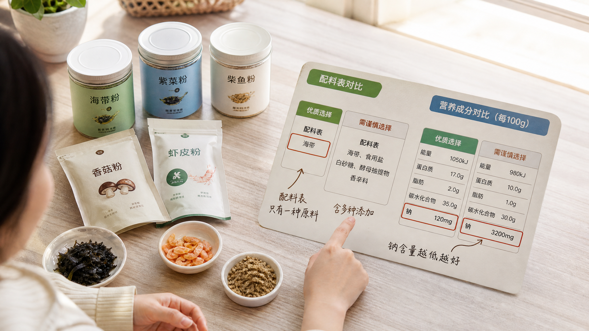 中国家庭厨房台面上摆放4-6款儿童辅食风味粉/海带粉/紫菜粉/柴鱼粉的小罐或小袋,旁边放大展示配料表