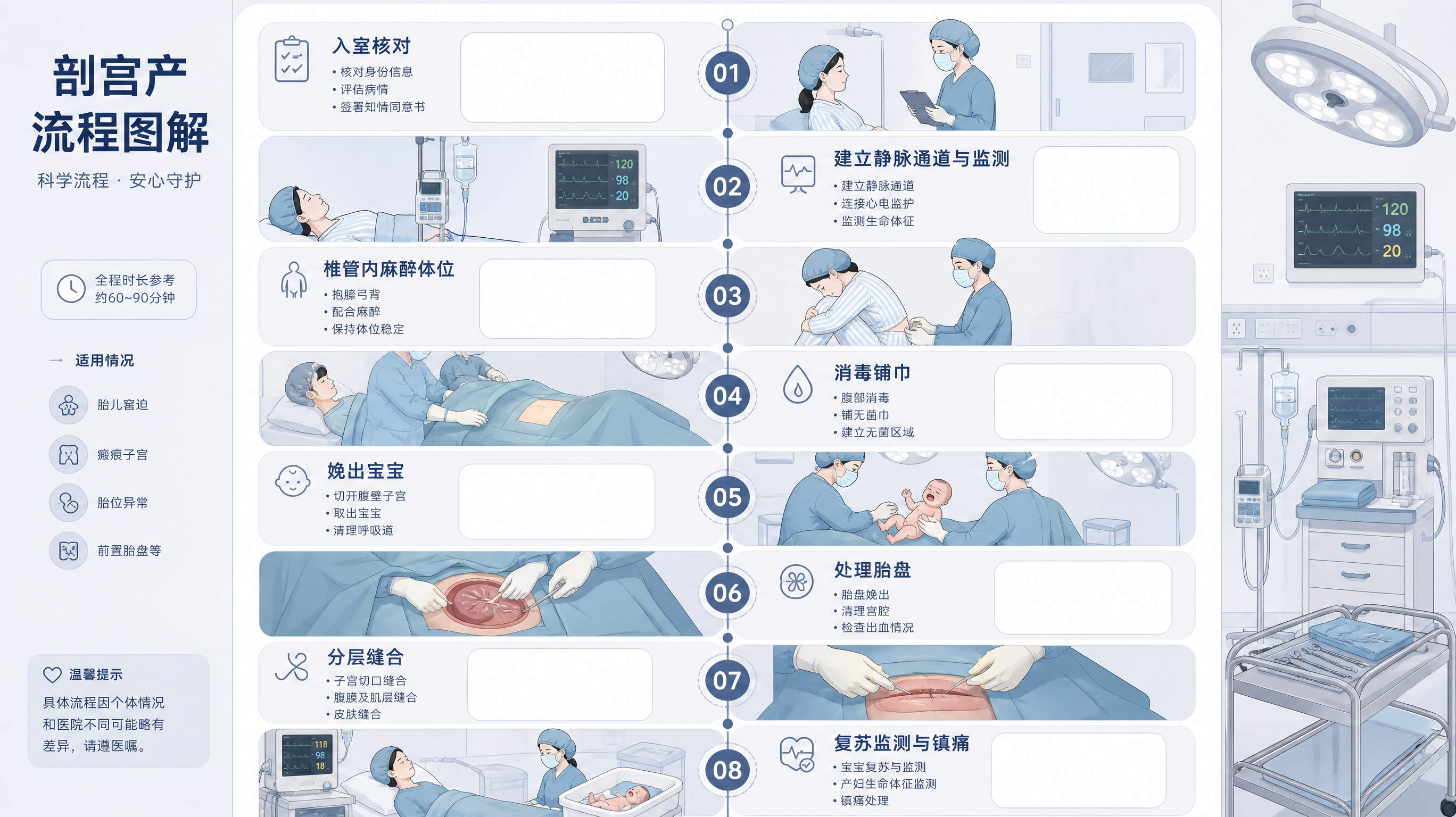 冷灰蓝“说明书风”医学科普插画,一张竖版长图时间线展示剖宫产流程:入室核对、建立静脉通道与监测、椎管