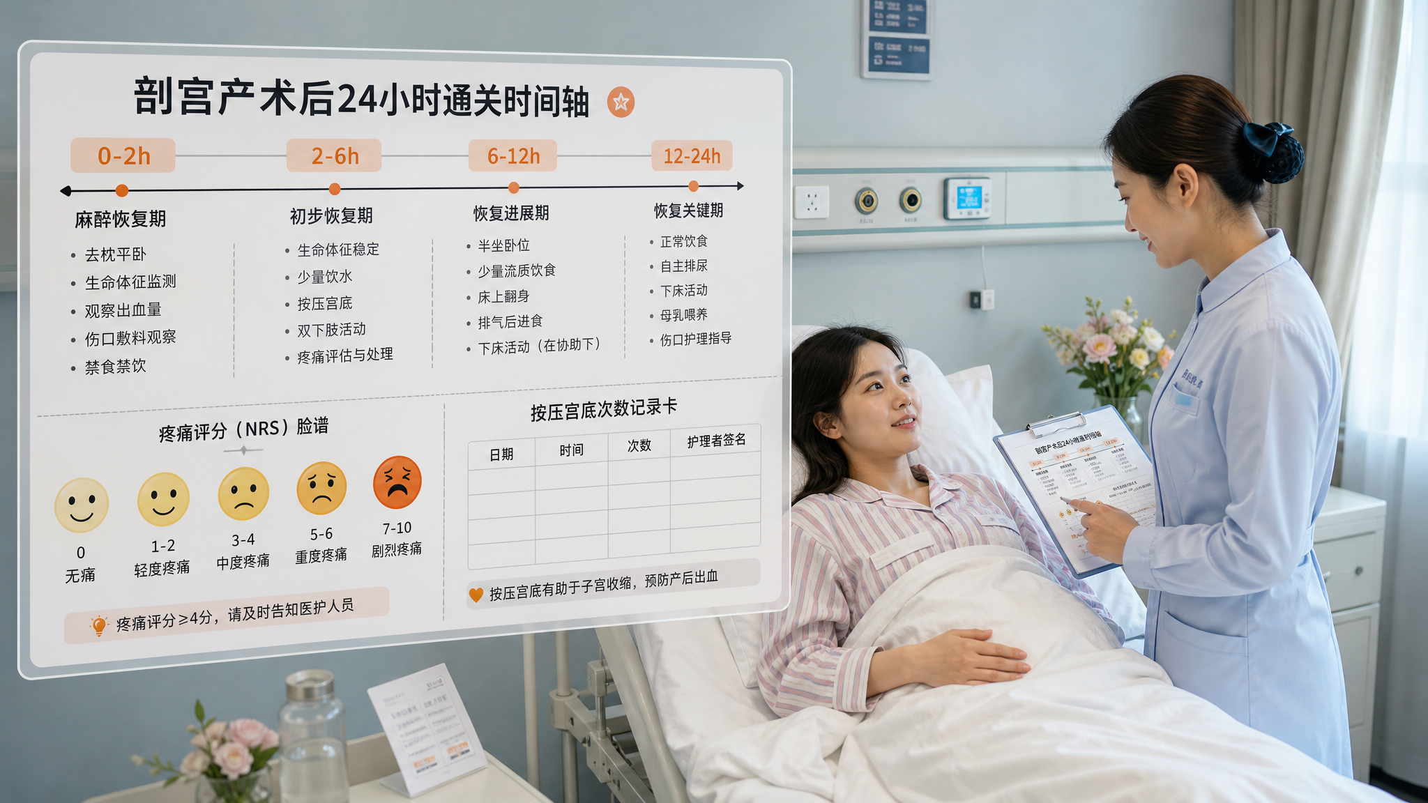 中国产科病房场景，墙面干净简洁；一位中国年轻产妇躺在病床上，床边有护士在温和沟通，护士手持记录板；画