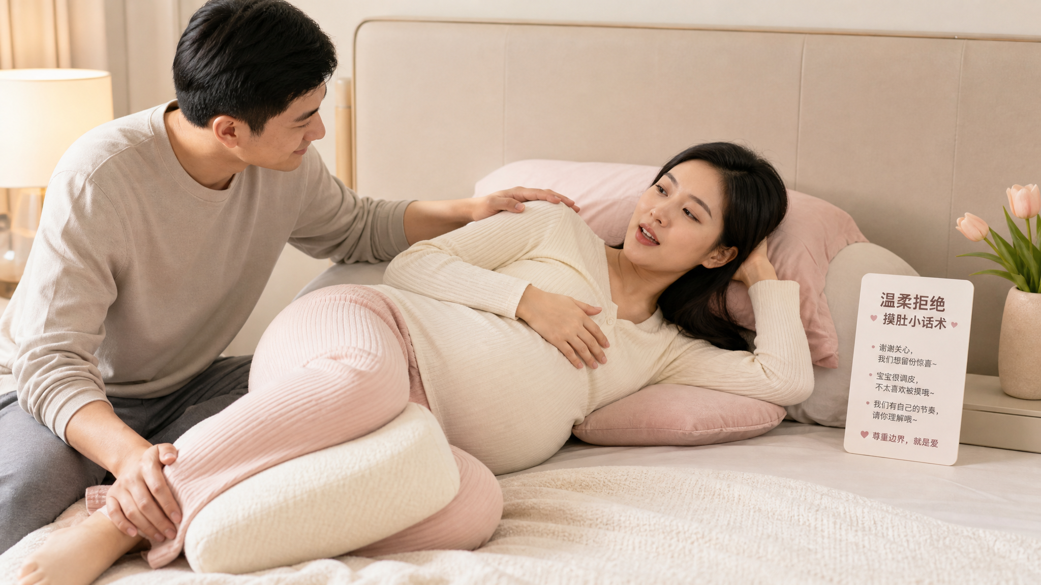 中国孕晚期年轻孕妈在卧室床上侧卧休息，穿柔和米白与浅粉色家居服，腿间夹抱枕并在腹下垫一只小枕头形成支