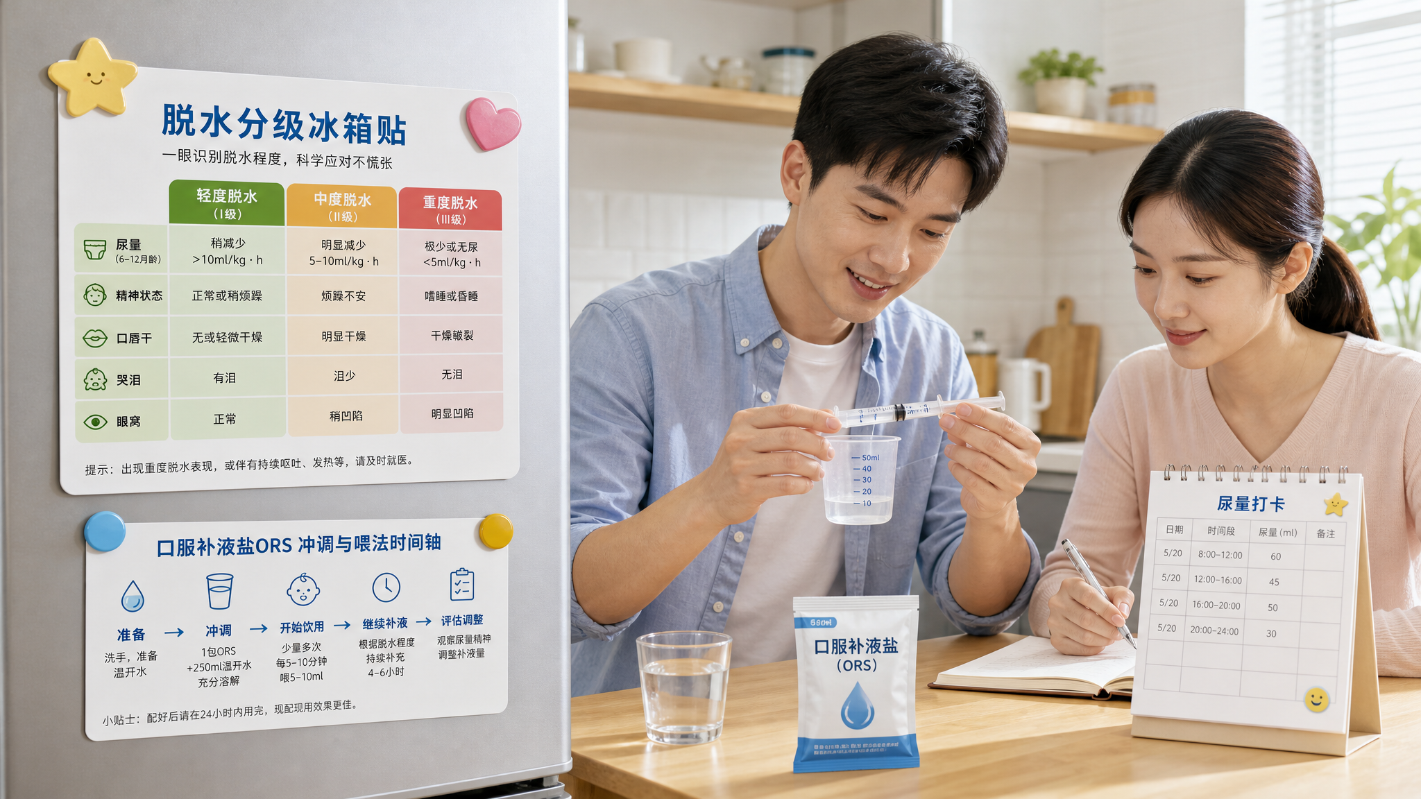 明亮整洁的中国家庭厨房场景，冰箱门上贴着一张“脱水分级冰箱贴”信息图（轻/中/重三档，关键指标：尿量