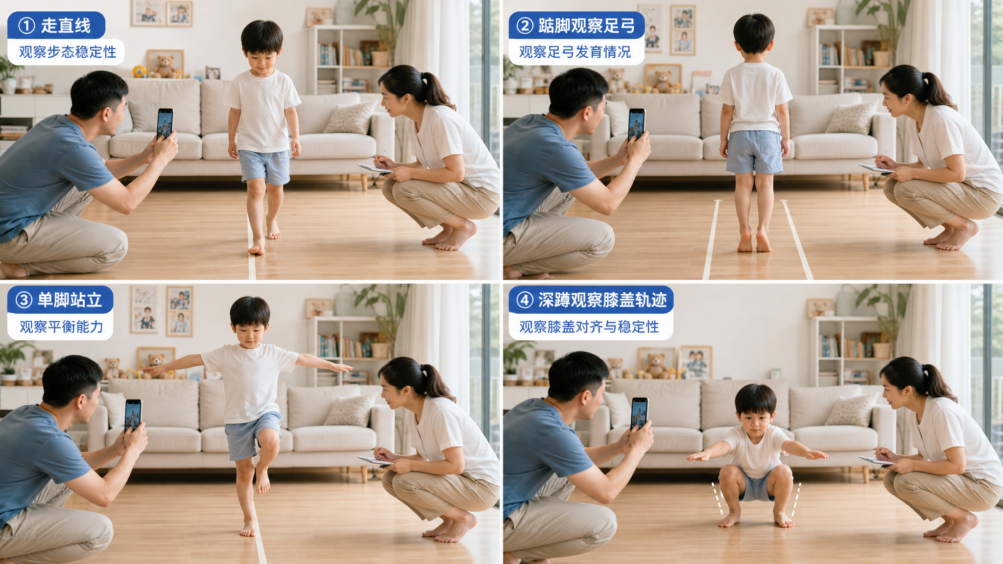 中国年轻父母在家中明亮客厅为一名4岁中国儿童进行“家庭步态筛查”四宫格示意图，四个画面分别展示：孩子