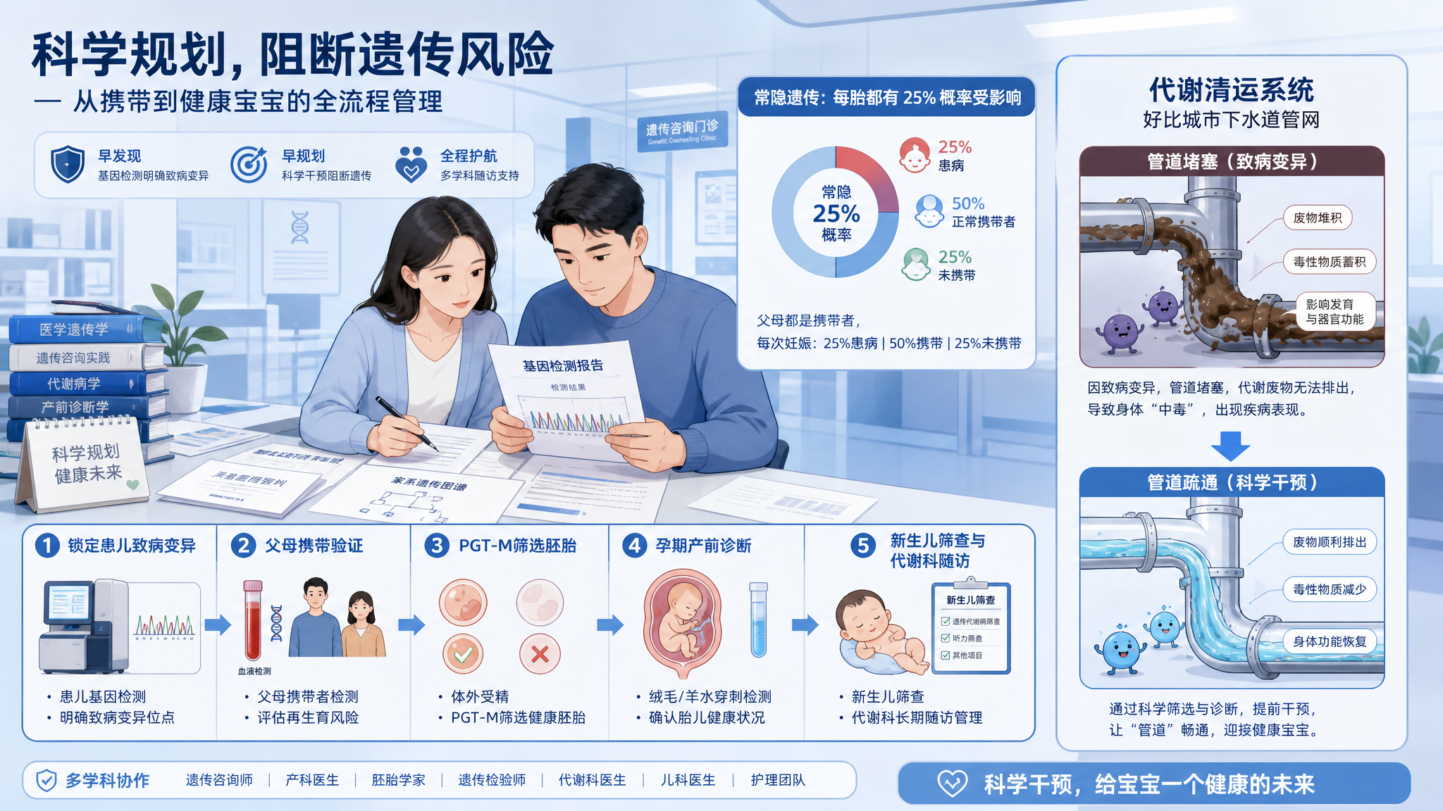 实验室蓝色调的科普长图风格画面,中国年轻父母在桌前整理婴儿病历与基因检测报告,桌面上有清晰的流程示意