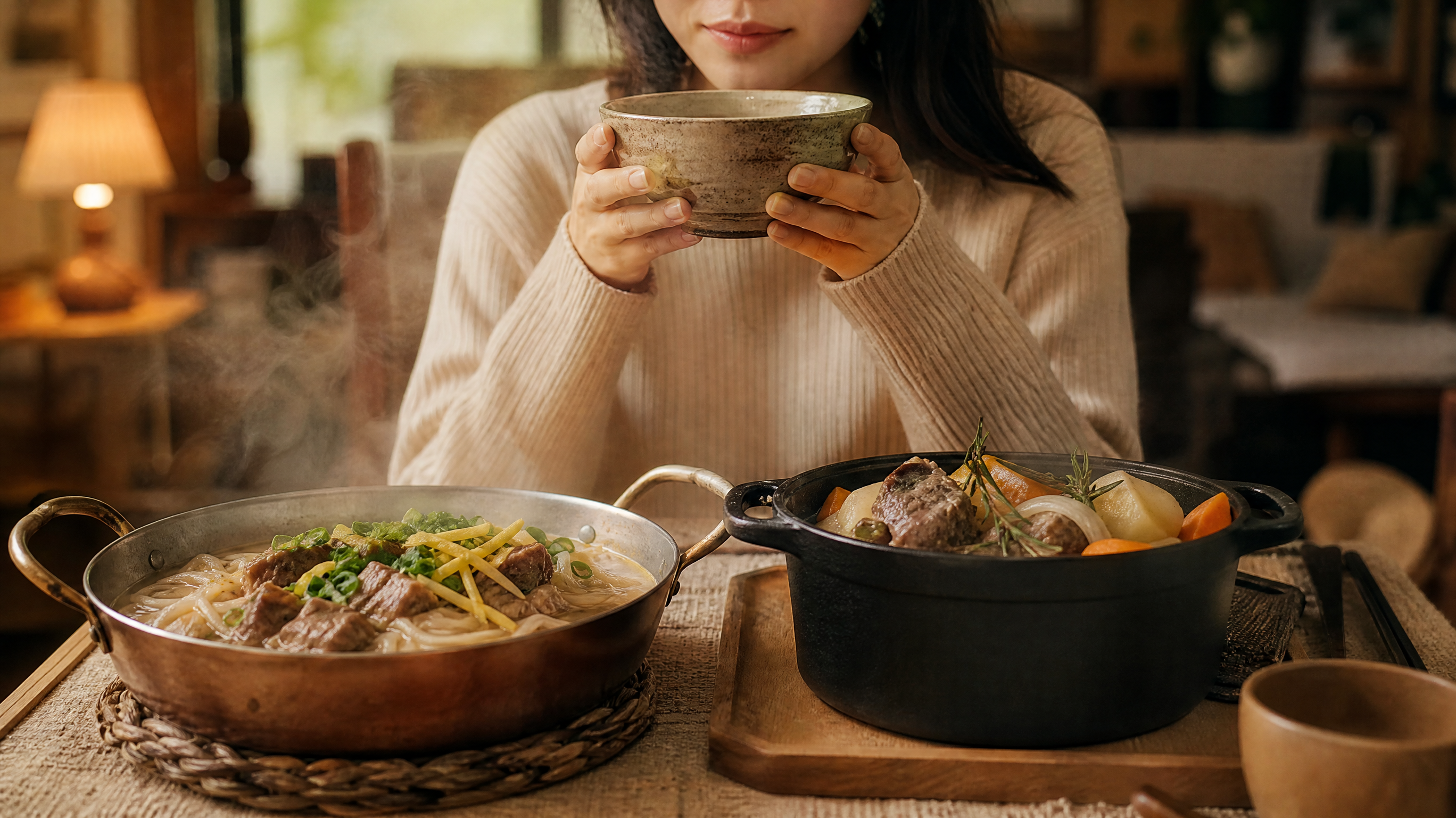 中国年轻上班族女性在家中小餐桌前,穿着简洁针织衫,双手捧着粗陶碗取暖,桌上左侧是一只小铜锅正在冒蒸汽