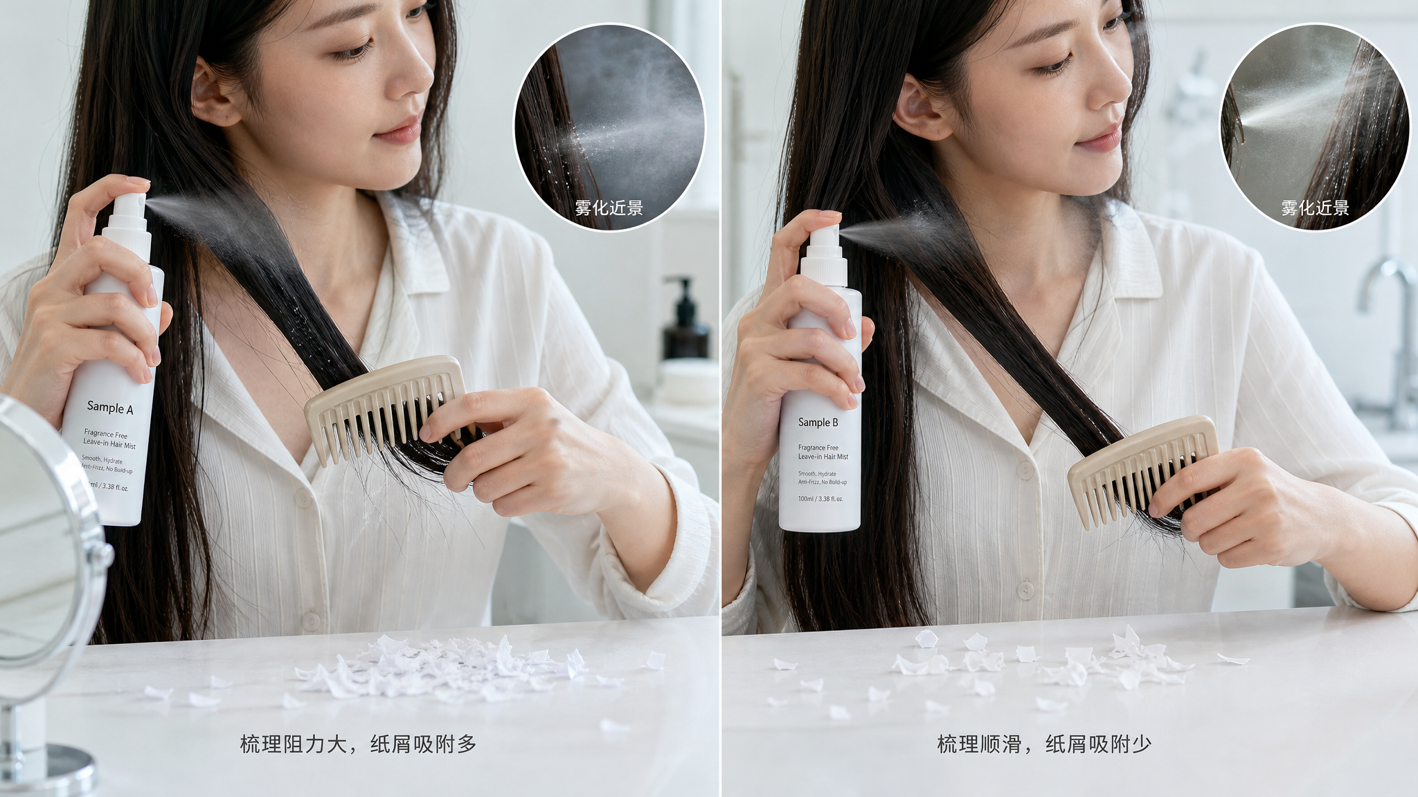 中国年轻女性在明亮干净的浴室台面前进行免洗护发喷雾对比测试,人物穿浅色清爽家居服,手持两款无香免洗护