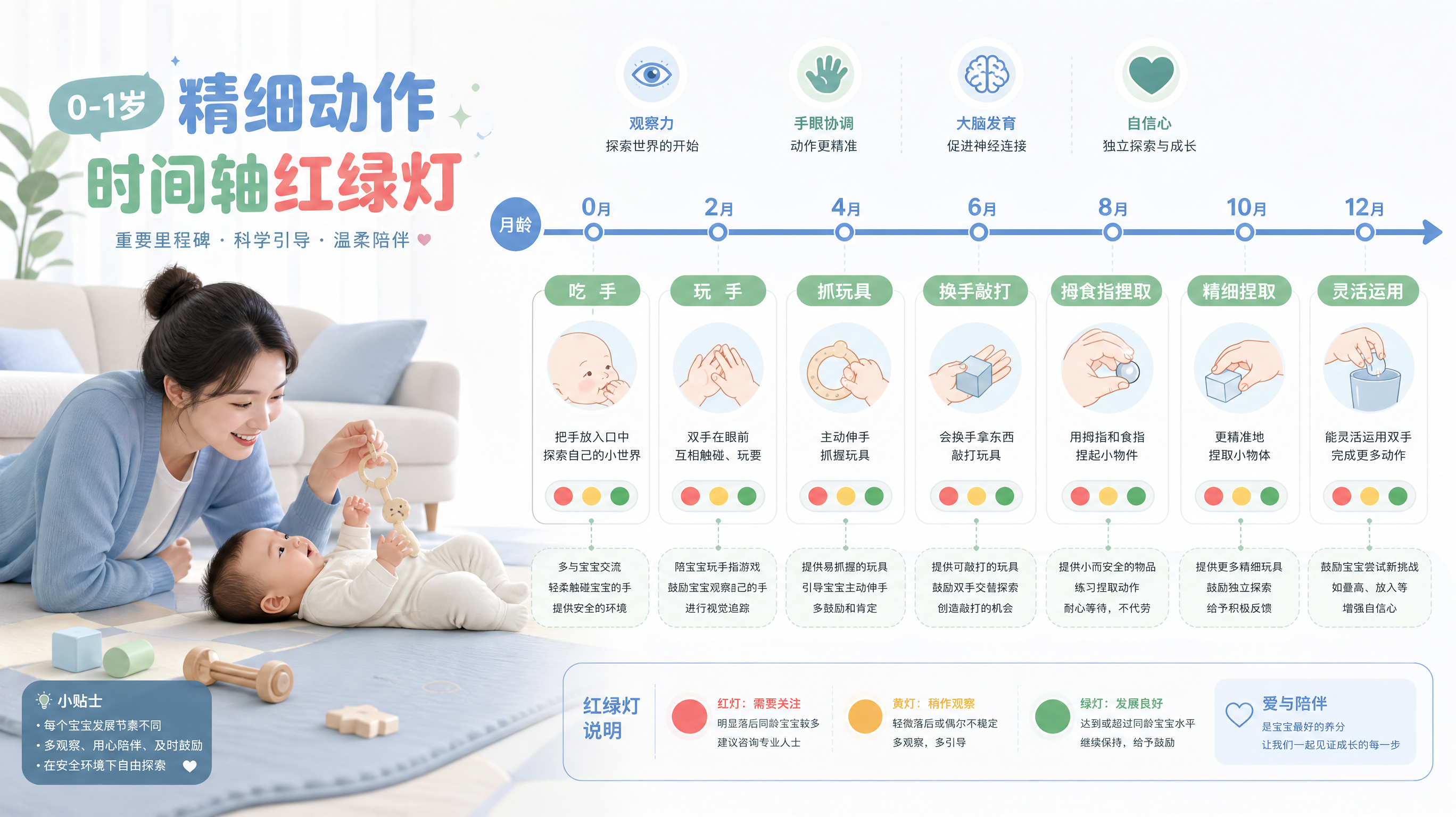 竖版信息图风格插画,主题为“0-1岁精细动作时间轴红绿灯”,低饱和莫兰迪蓝绿配色,干净留白的家庭育儿