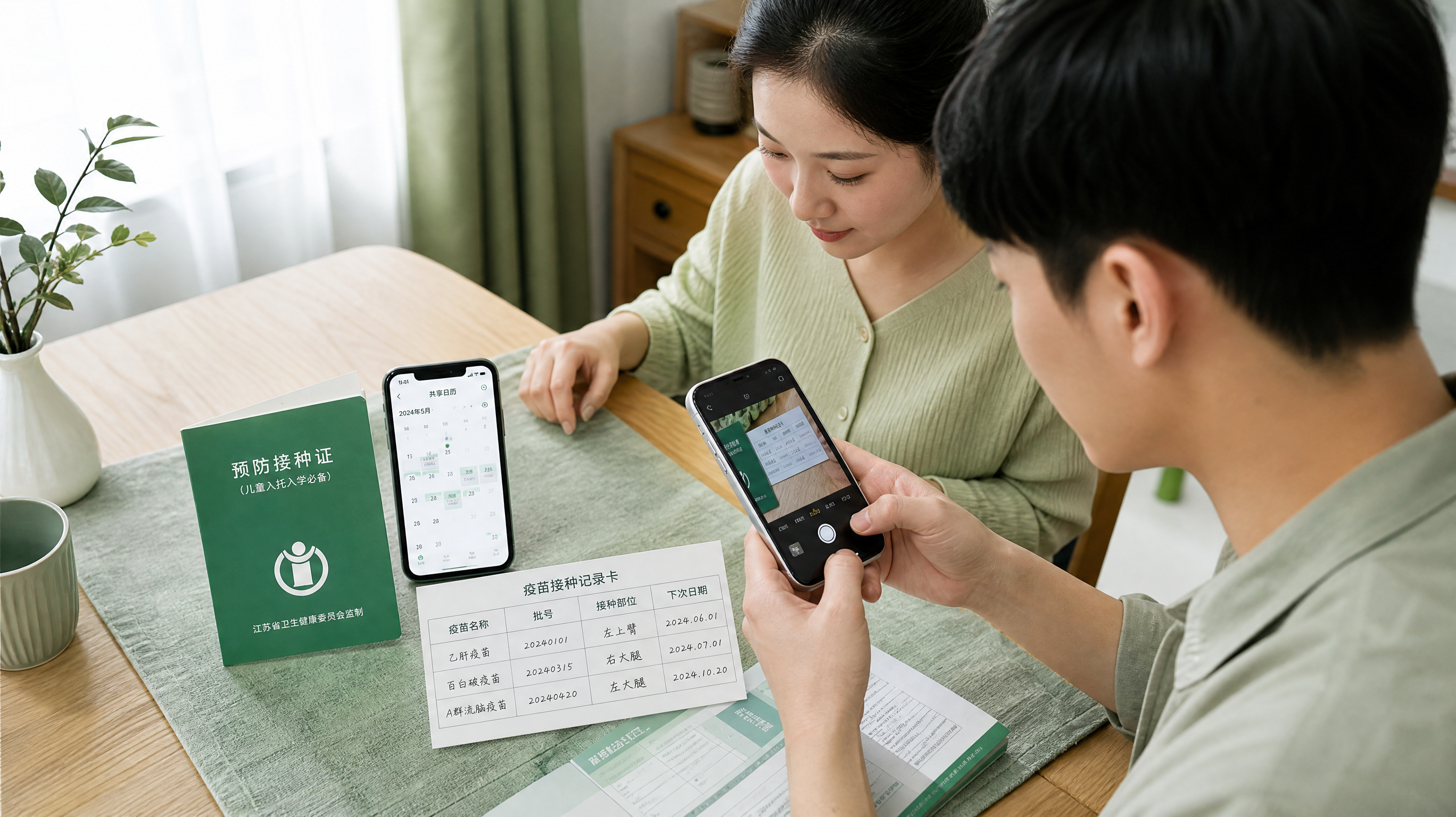 中国年轻爸爸与年轻妈妈在家中餐桌旁共同整理宝宝疫苗接种资料，桌面上有接种证、手机打开共享日历界面、纸