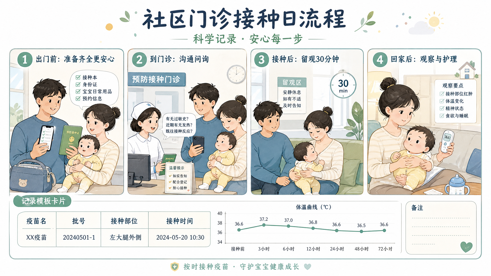 清爽手绘分镜风格插画，场景为社区门诊接种日的流程示意，四格分镜构图（出门前、到门诊沟通、接种后留观、