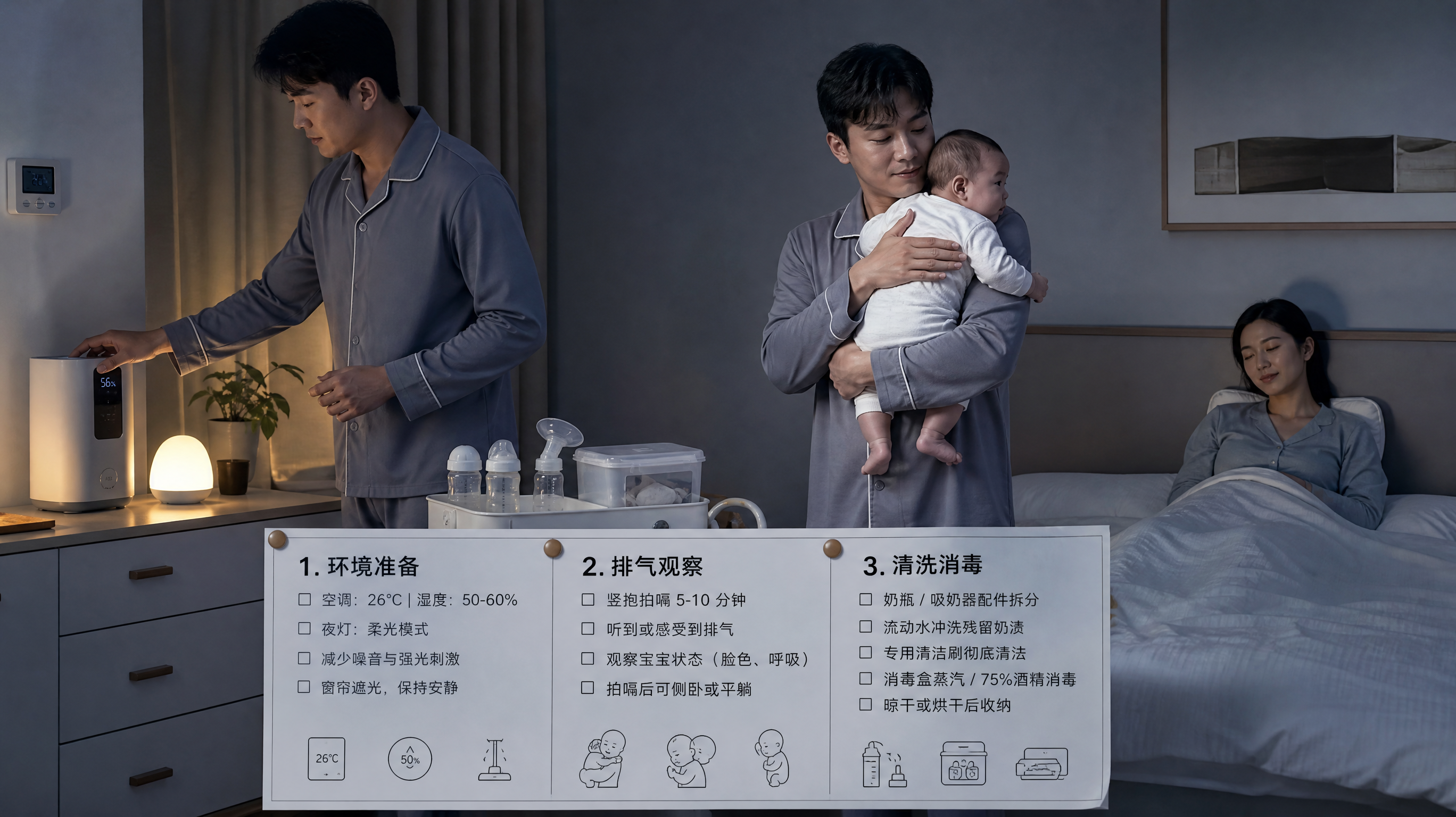 中国年轻父母夜间照护场景，冷调纪实风卧室，爸爸穿家居服站在床边执行清单式任务：一手调节空调/加湿器与