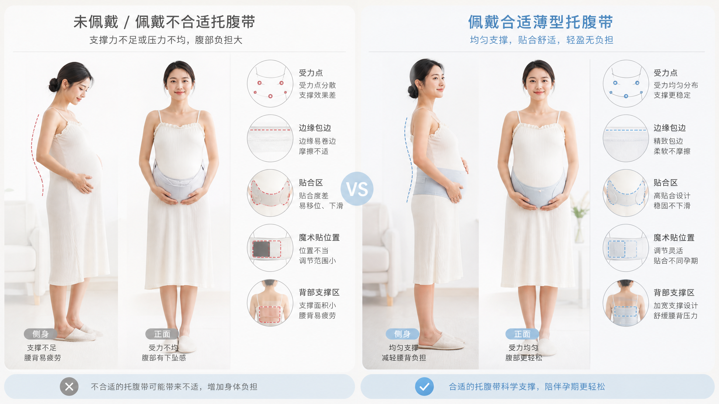 浅色干净背景下的对比科普图，画面分左右两栏：左栏为中国孕妇（年轻女性）穿同一条浅色连身长衣的“未佩戴/