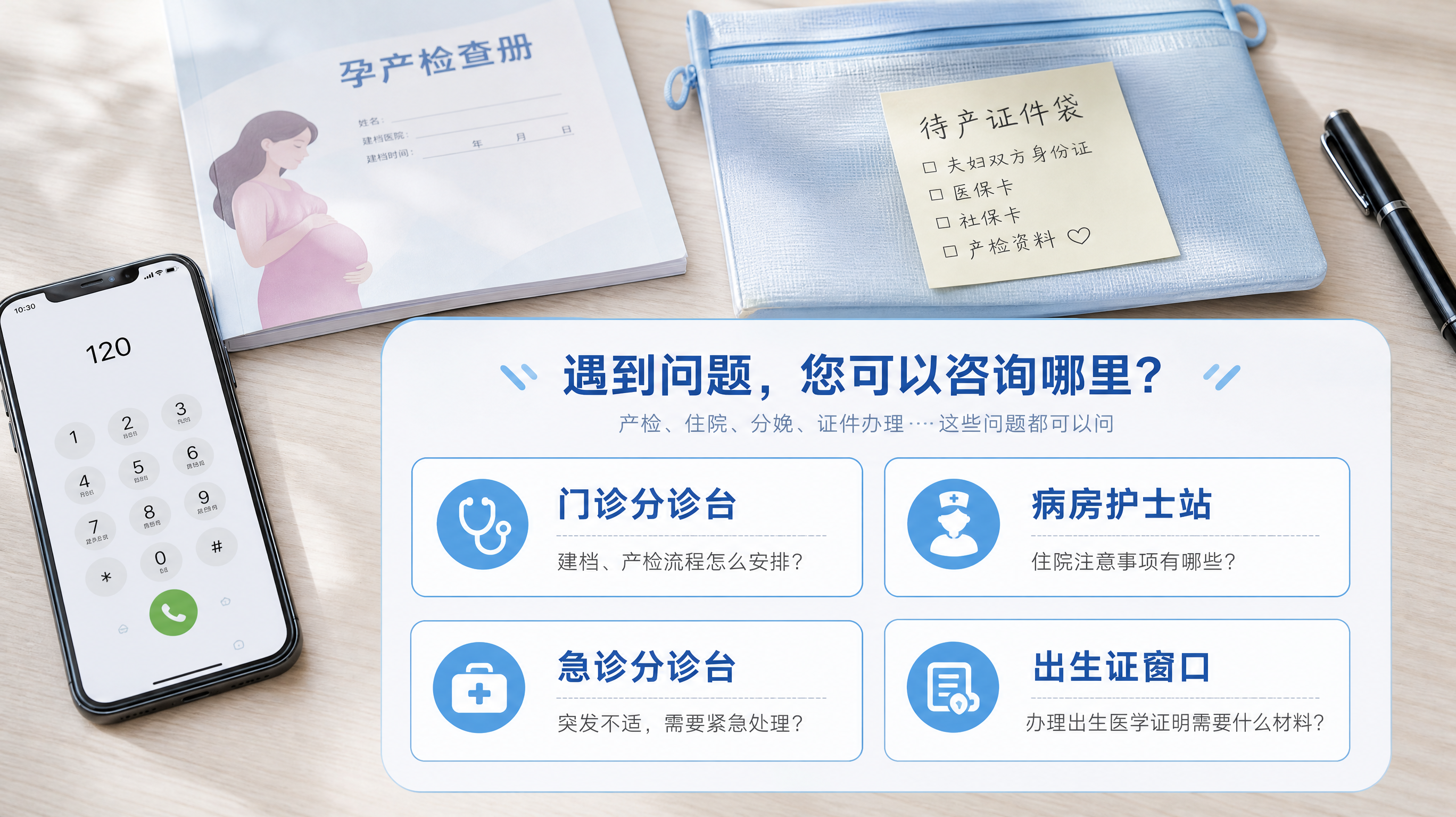 清爽蓝白医院信息风的四宫格清单海报，画面为俯拍桌面场景：桌上有一部手机正在拨号界面、一本孕产检查册、