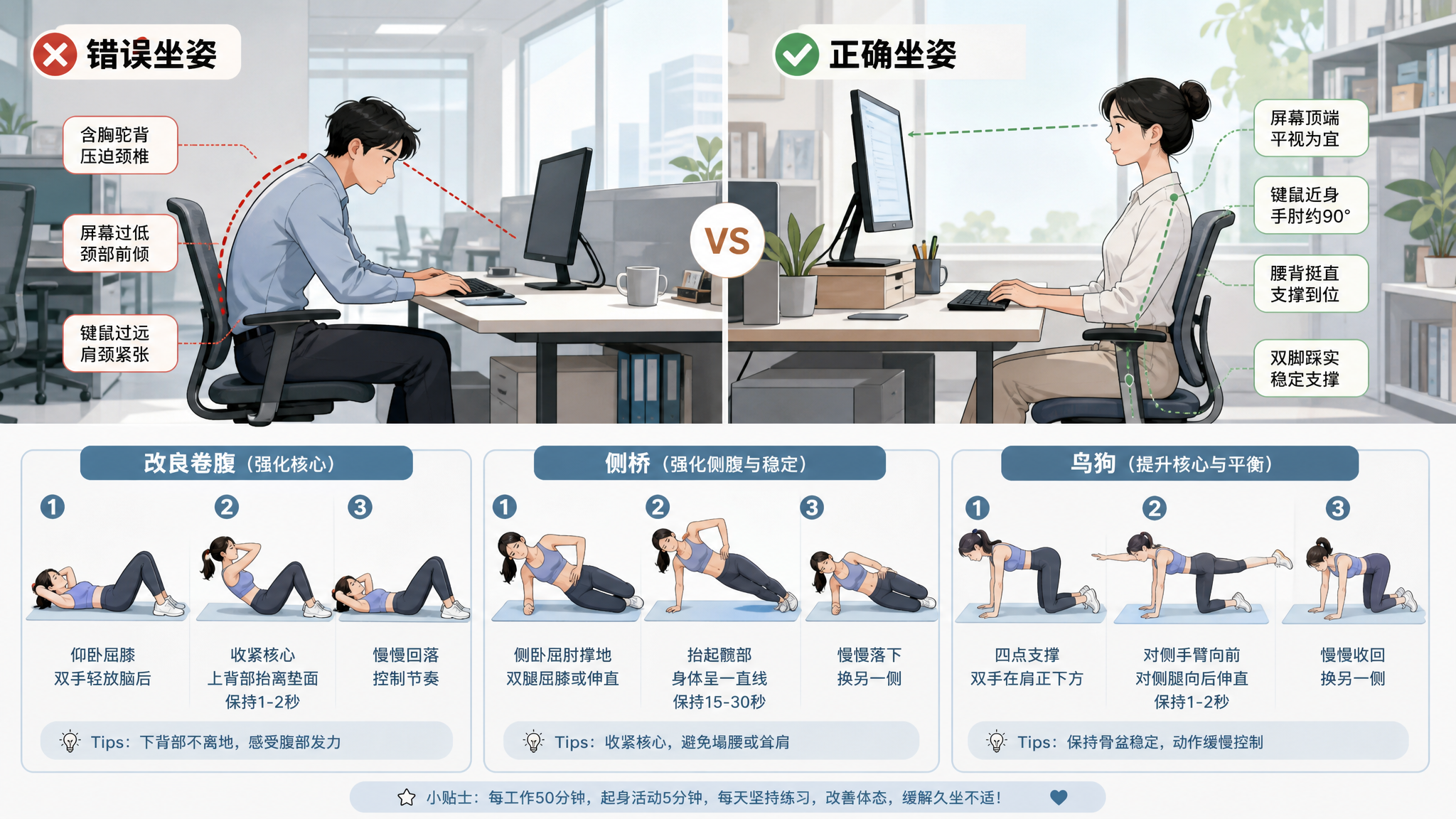 竖版画面，分屏对比构图，上半部分为中国年轻职场人（男女均可）在办公室工位前的“错误坐姿 vs 正确坐