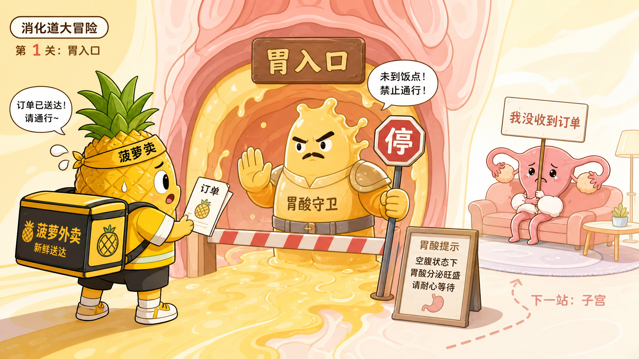清爽搞笑条漫风插画，场景为人体内部的拟人化消化道“关卡”，中国风格拟人小菠萝外卖员背着外卖箱、手拿订