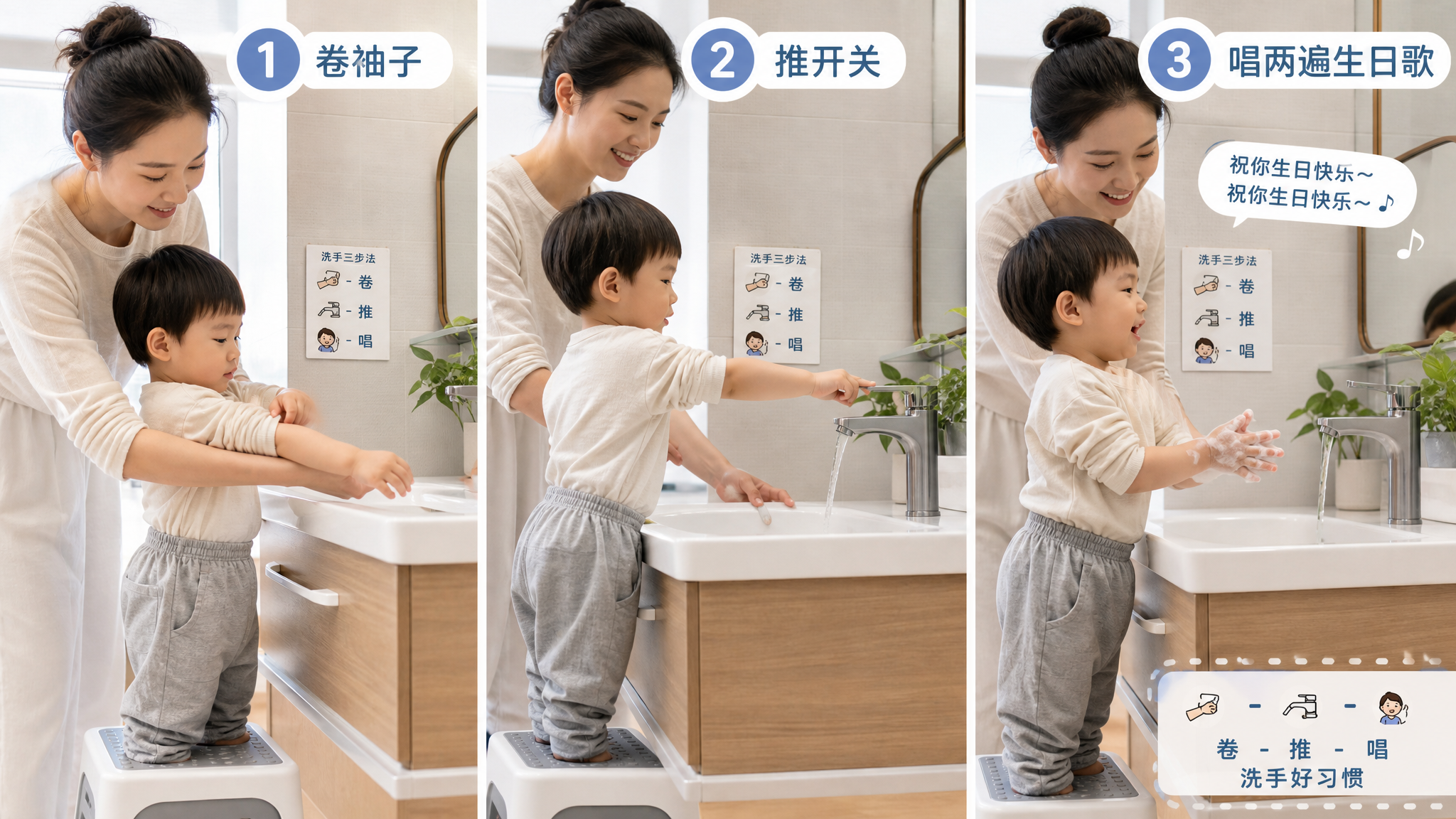 幼儿园洗手总湿半只袖？1-3岁用“卷推唱”三步就够了