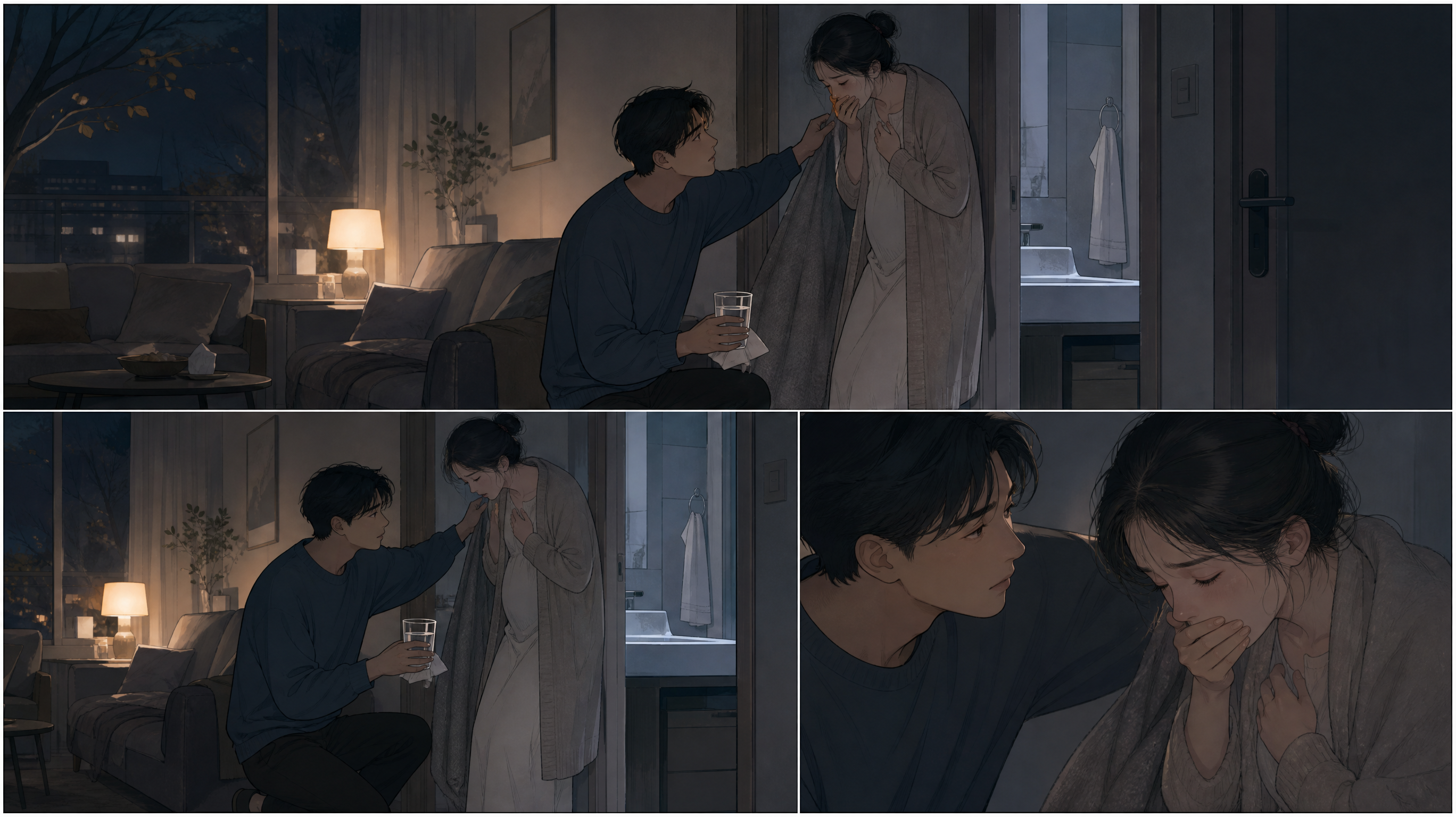 深秋夜晚的中国家庭客厅与卫生间门口连贯分镜感画面（双人漫画分镜风格），中国年轻孕妈脸色苍白靠在门边手