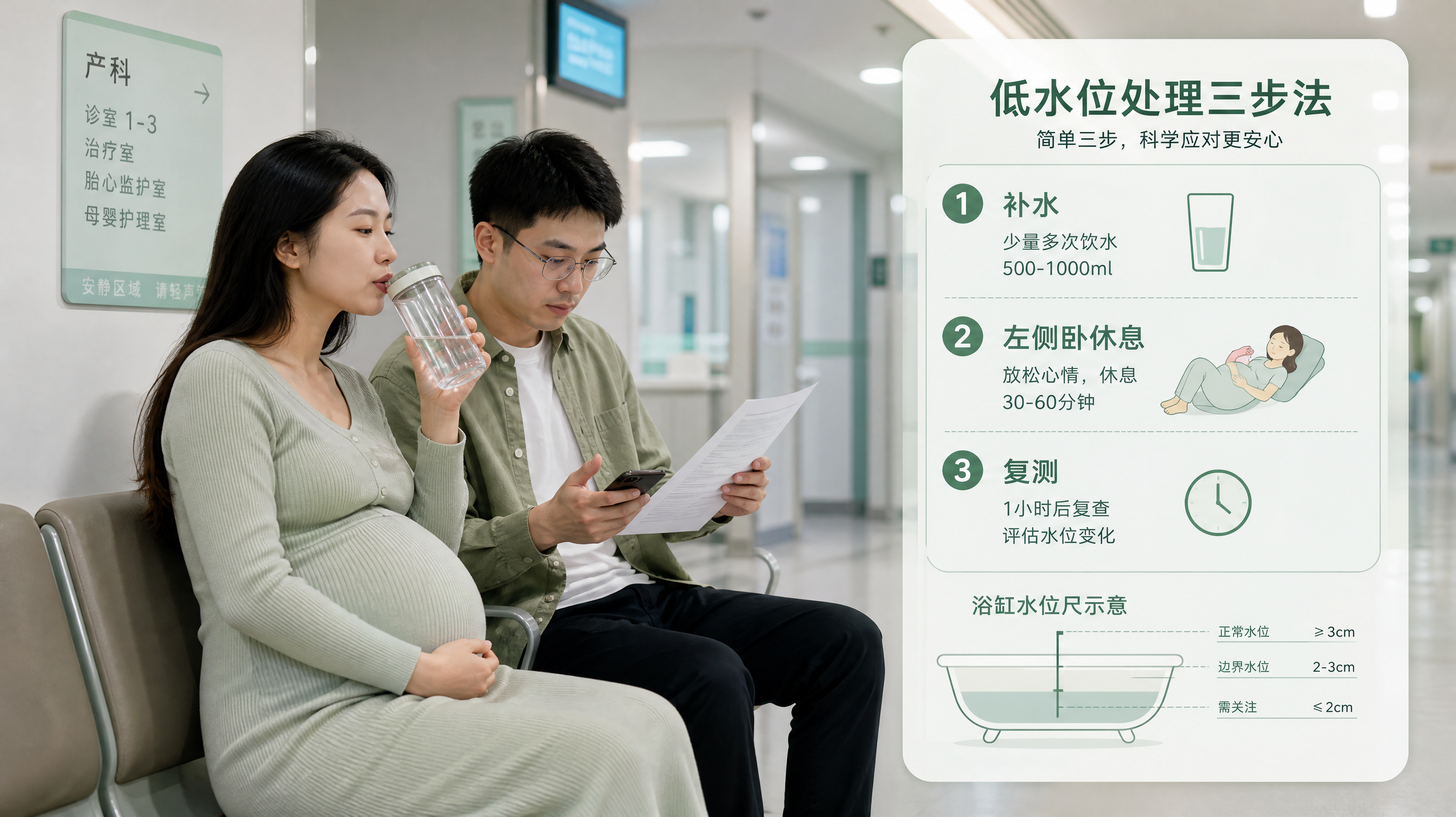 中国孕晚期孕妇与中国年轻准爸爸在医院产科走廊的场景，空调环境下两人坐在候诊区，孕妇手拿水杯小口补水，