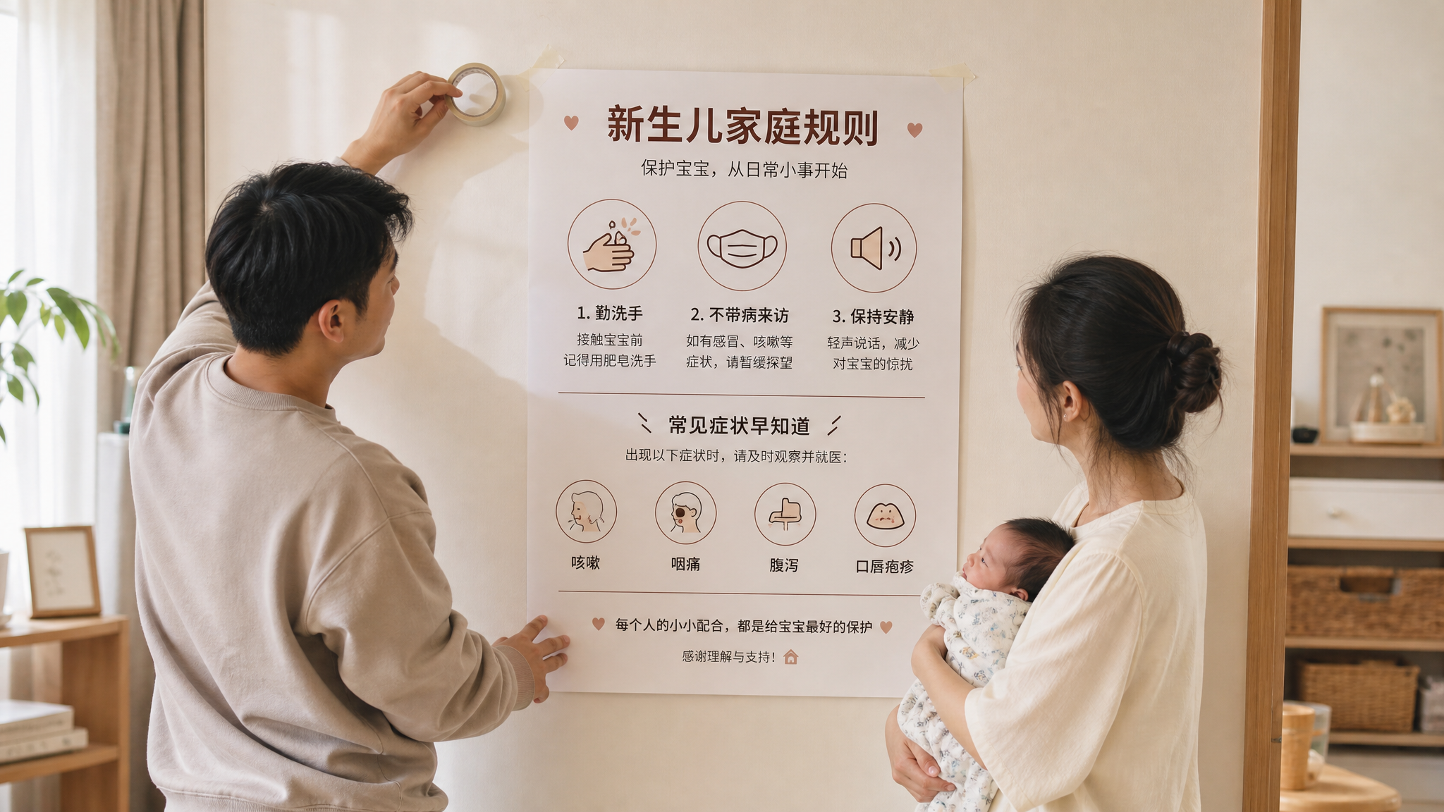 中国年轻父母在家中客厅墙面前张贴一张“新生儿家庭规则”极简海报，海报上用图标呈现三条规则与常见症状列
