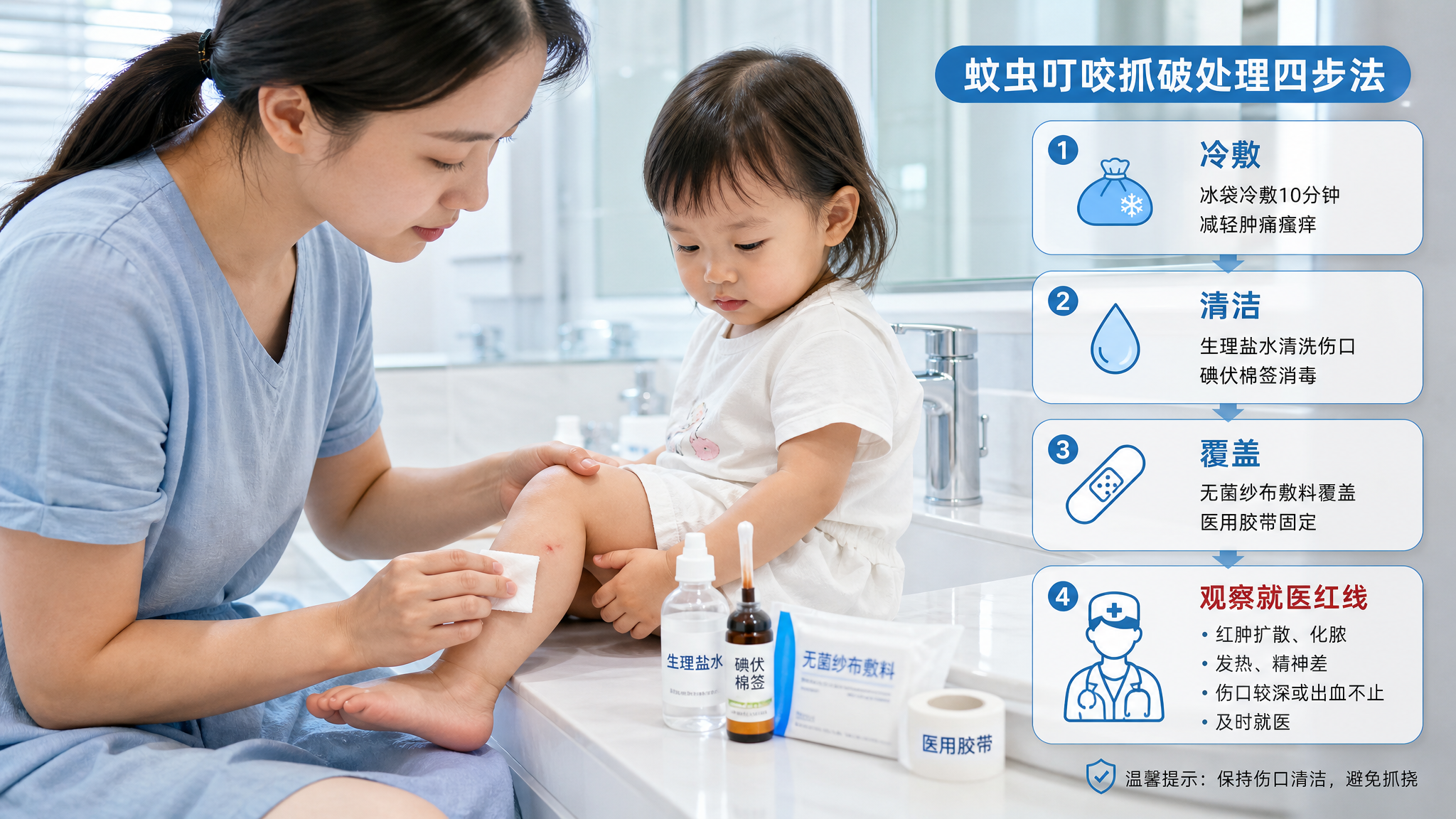 蚊子包被娃抓破了别涂花露水：4步处理+就医红线