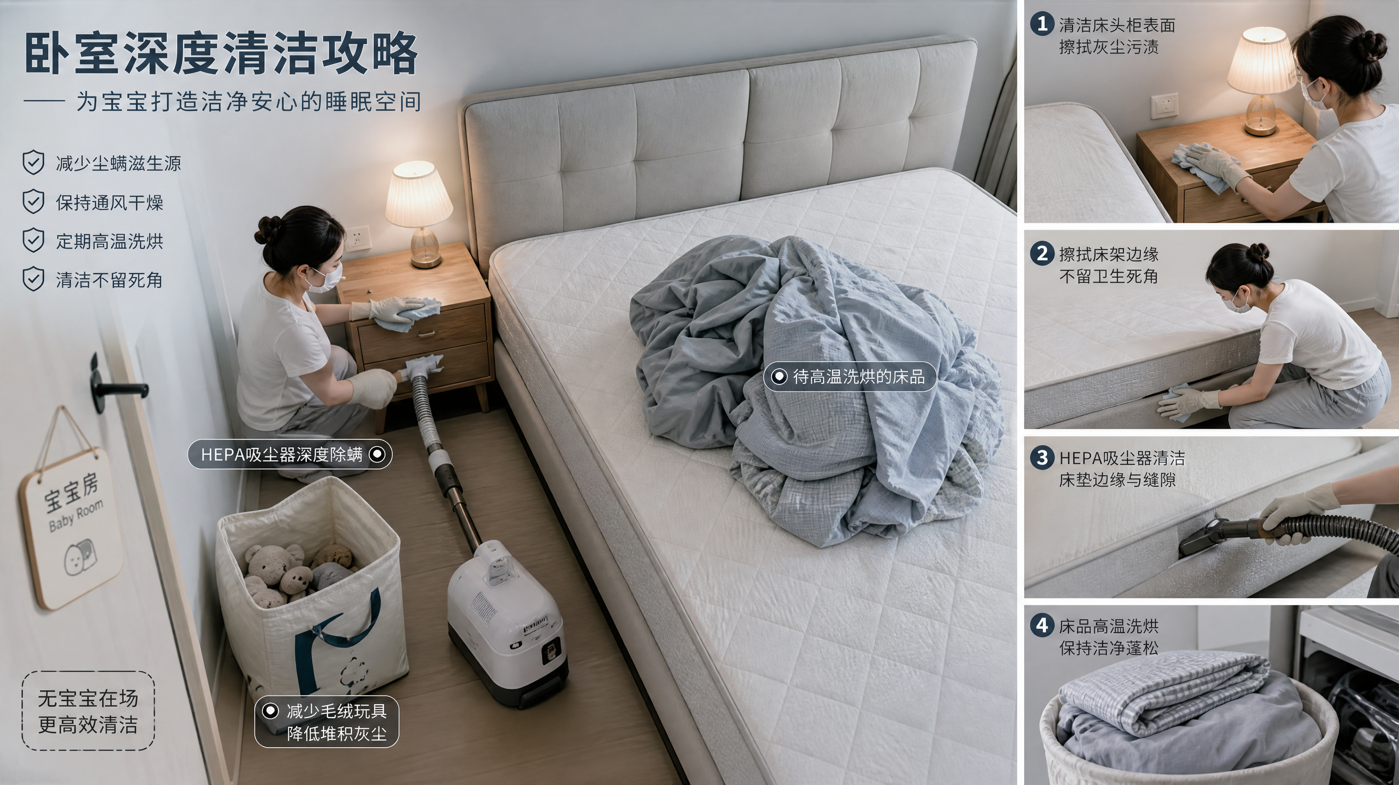 冷色调科普风格的家庭卧室场景,中国年轻妈妈在卧室进行湿式清洁和整理床品,戴口罩手套,手持微湿抹布擦拭