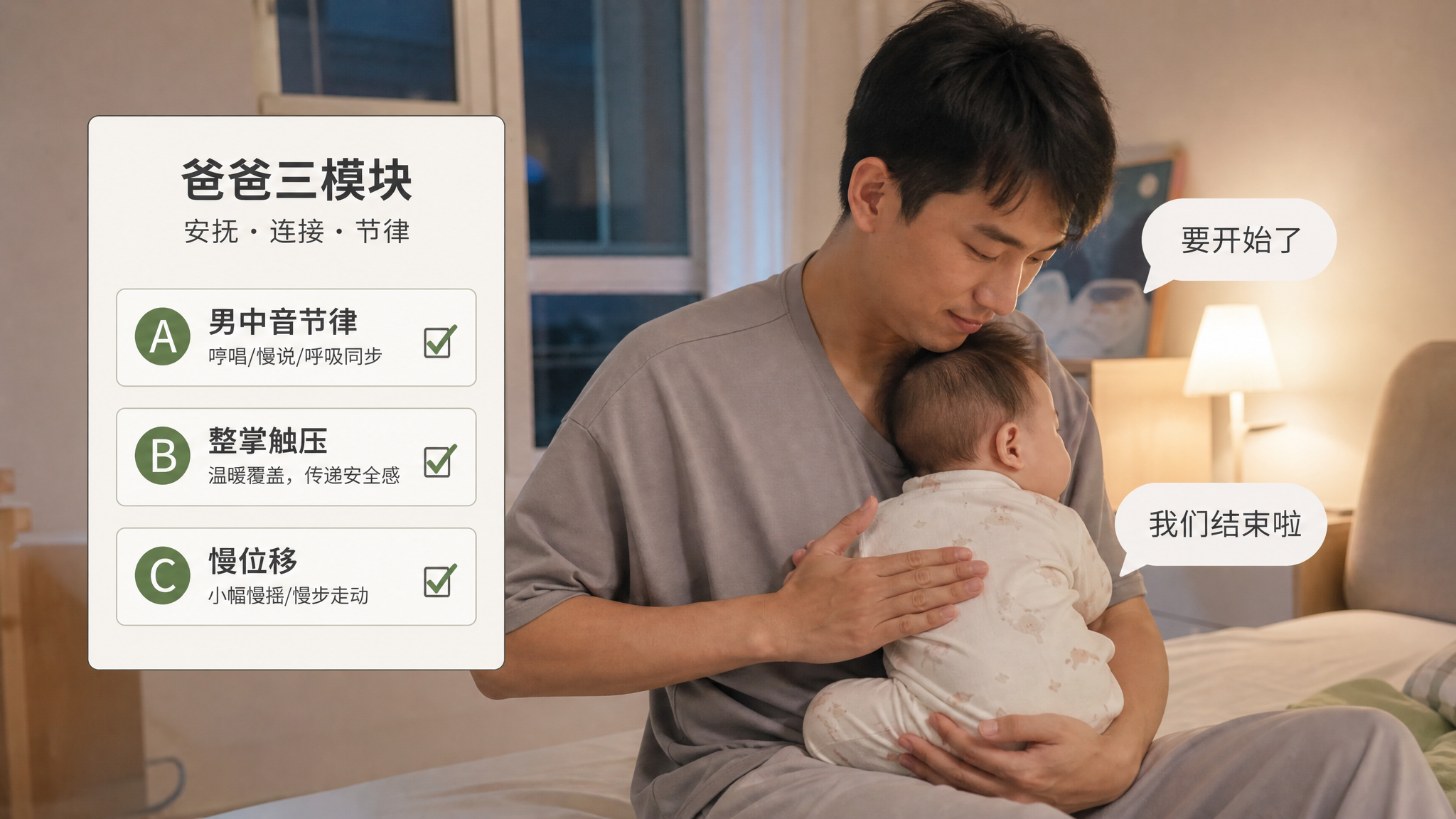 中国年轻爸爸在夏夜低饱和色调的卧室/客厅里照顾中国婴儿，画面核心主体为“爸爸三模块”卡片式海报（A男