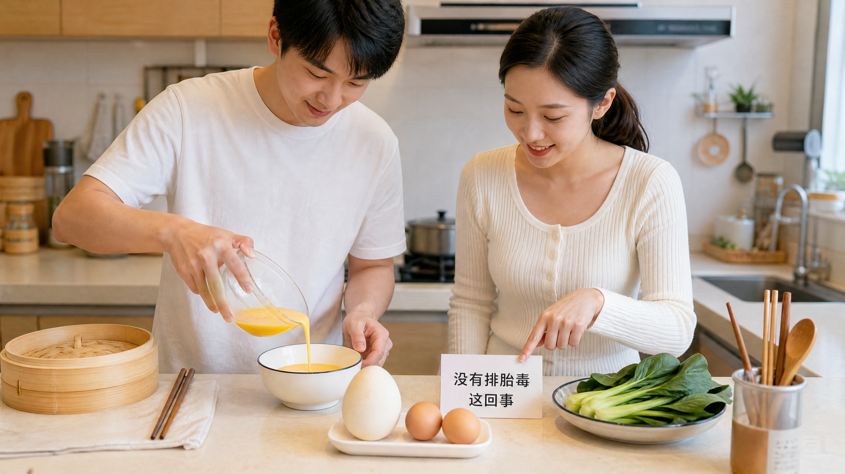 中国年轻夫妻在暖黄色厨房台面前对比一枚鹅蛋和两枚鸡蛋,台面摆放简洁的食材与餐具(蒸碗、筷子、绿叶菜如