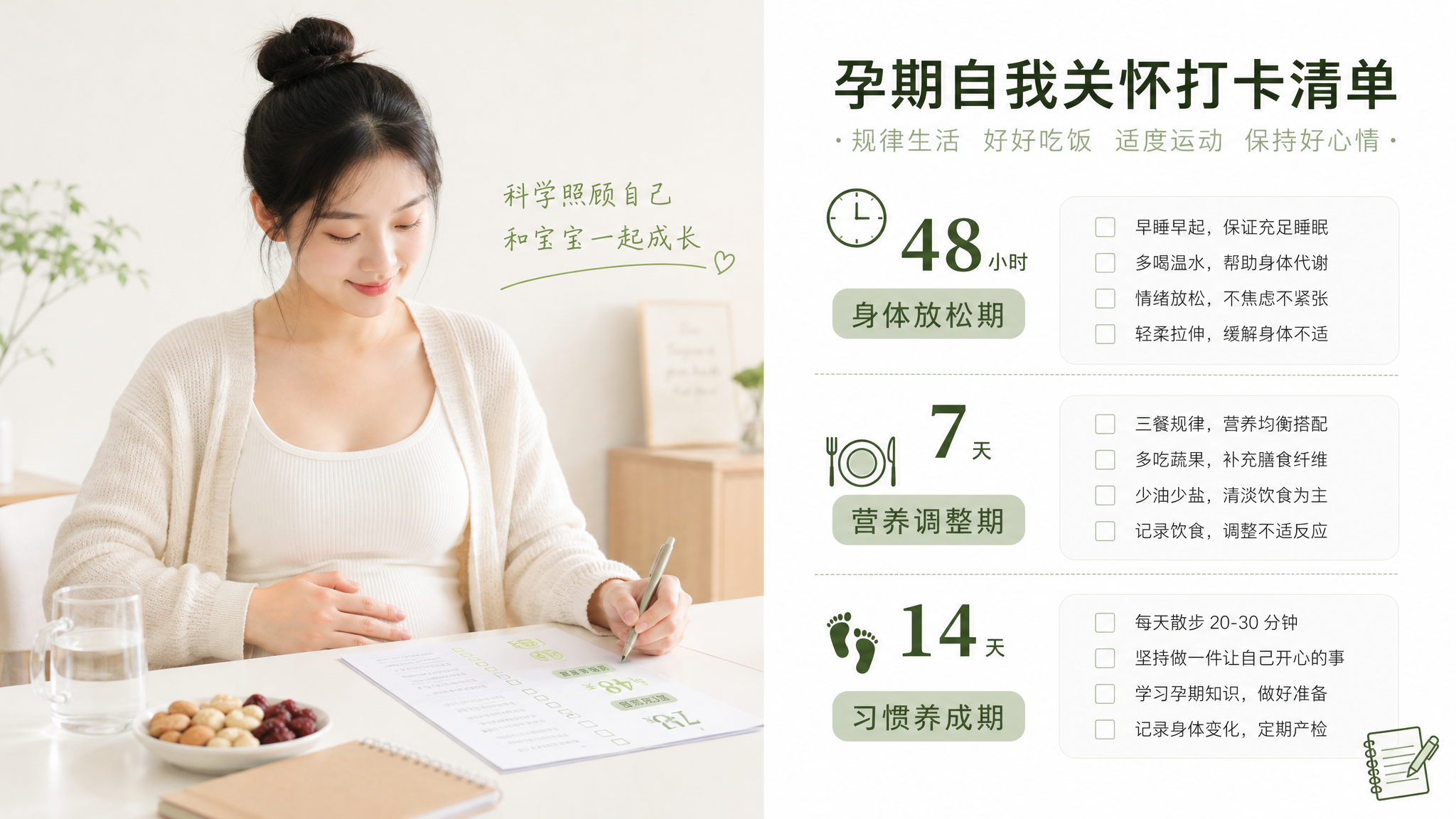 极简白底竖版时间轴清单海报，核心主体为“48小时-7天-14天”三段可勾选打卡表格，少量图标点缀（时