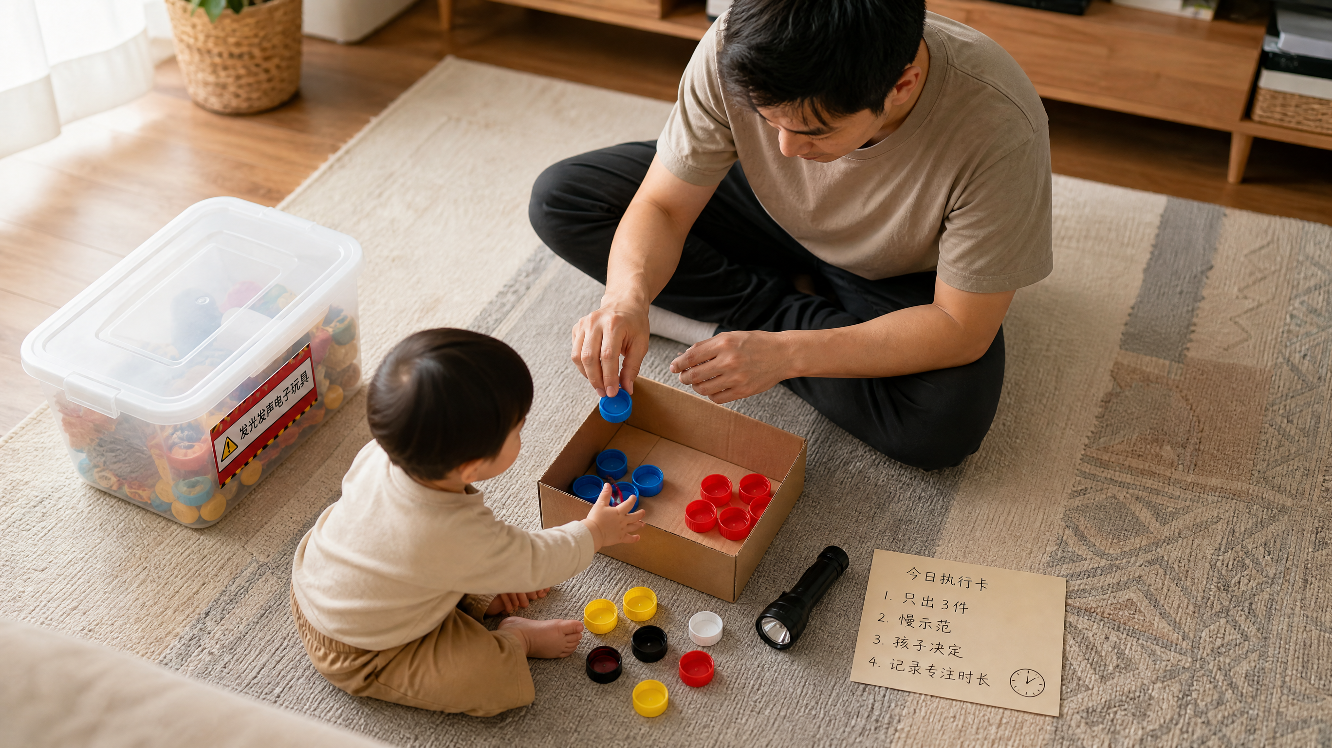 中国年轻爸爸在家庭客厅地毯上与1-3岁中国幼儿一起玩低结构材料游戏，旁边有一个透明收纳箱里放着发光发