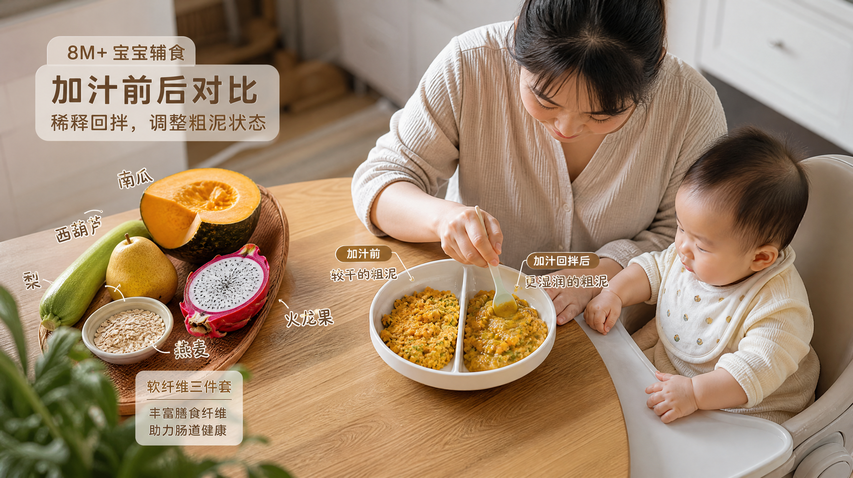 中国年轻妈妈在家中明亮整洁的厨房餐桌前，为8个月中国宝宝准备辅食；画面主体是一碗辅食“加汁前后对比”