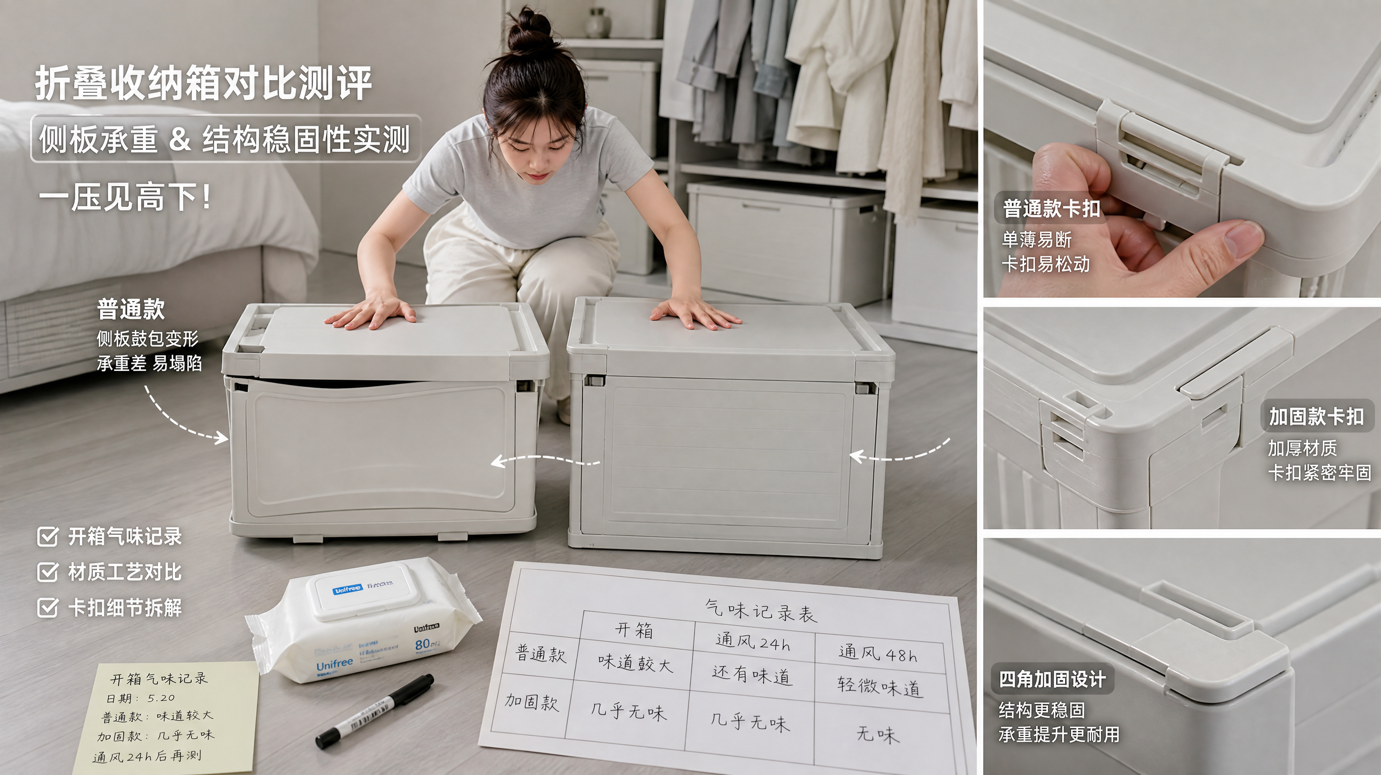 中国年轻女性在现代极简风卧室里进行折叠收纳箱对比测评,人物蹲在衣柜前用手按压收纳箱侧板并做承重压测,