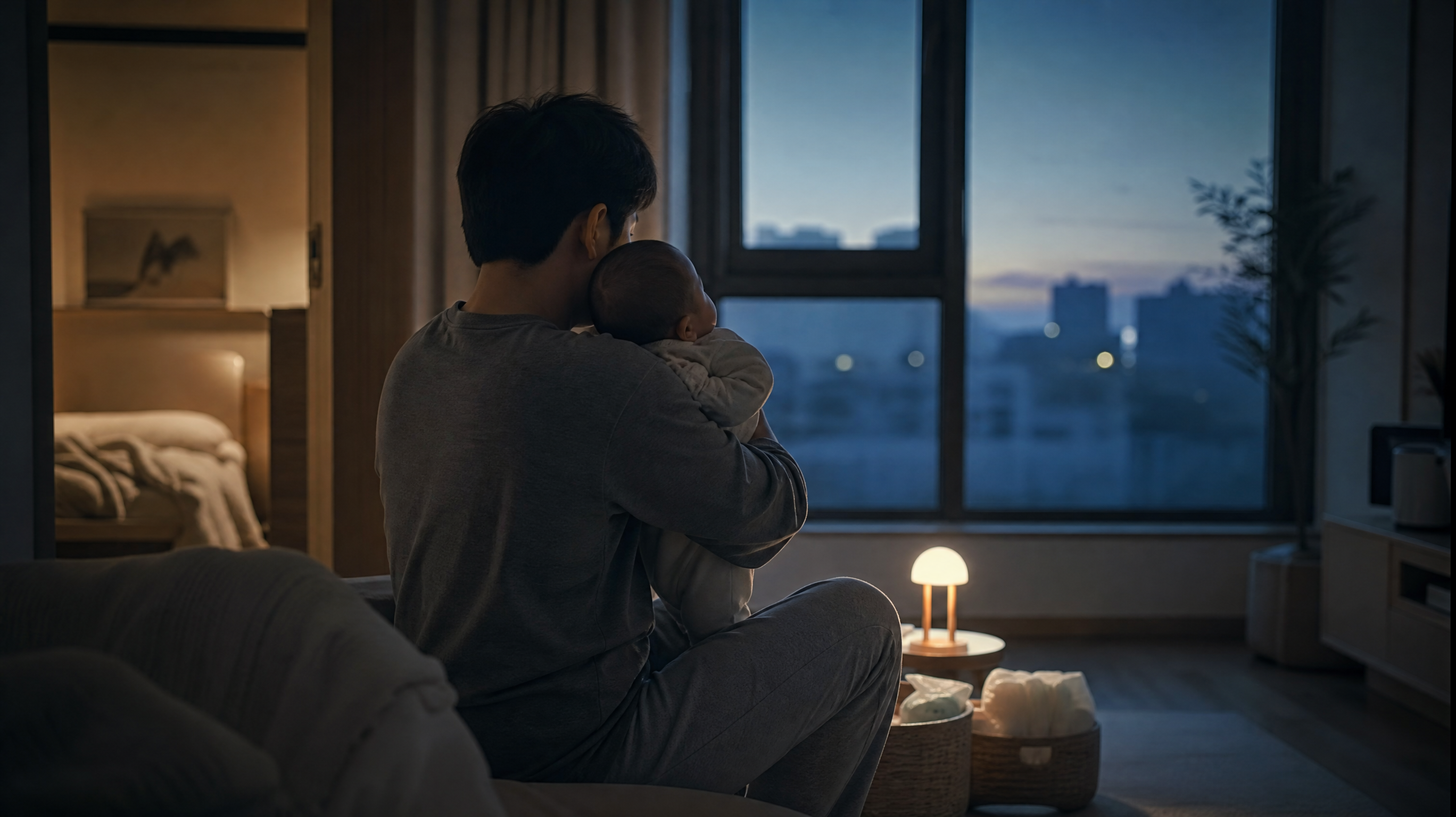 中国年轻父亲在深秋凌晨的家庭客厅里抱着中国婴儿轻轻拍嗝安抚,母亲在卧室床上侧躺熟睡的背景虚化不入镜或