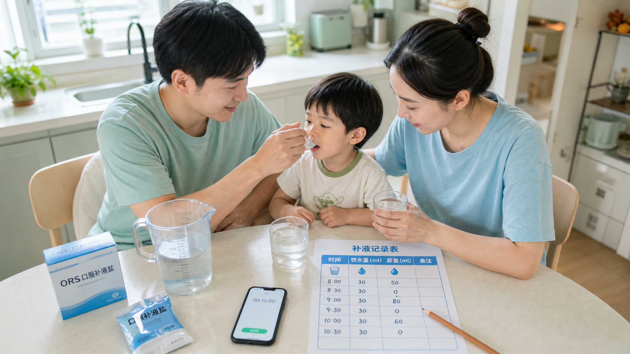 中国年轻父母在家中明亮干净的厨房餐桌旁照顾中国幼儿，桌面摆放口服补液盐(ORS)冲调好的透明杯、带抹