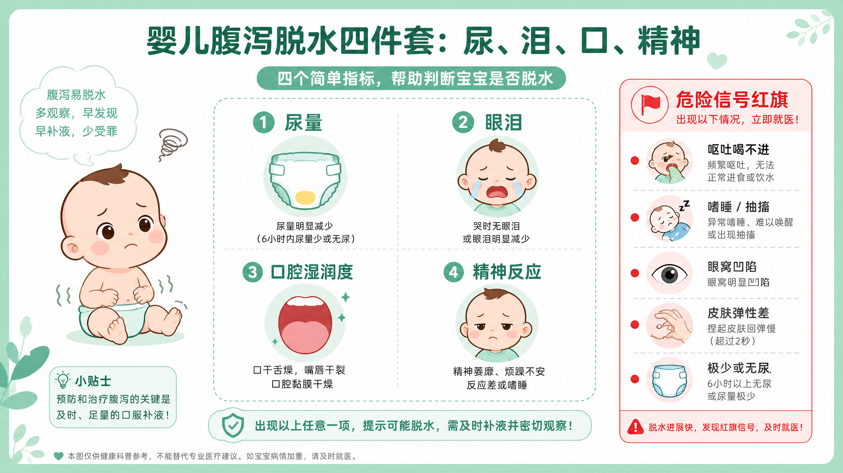 信息图风格画面，主题为“婴儿腹泻脱水四件套：尿、泪、口、精神”，薄荷绿为主色，警示红点强调危险信号；