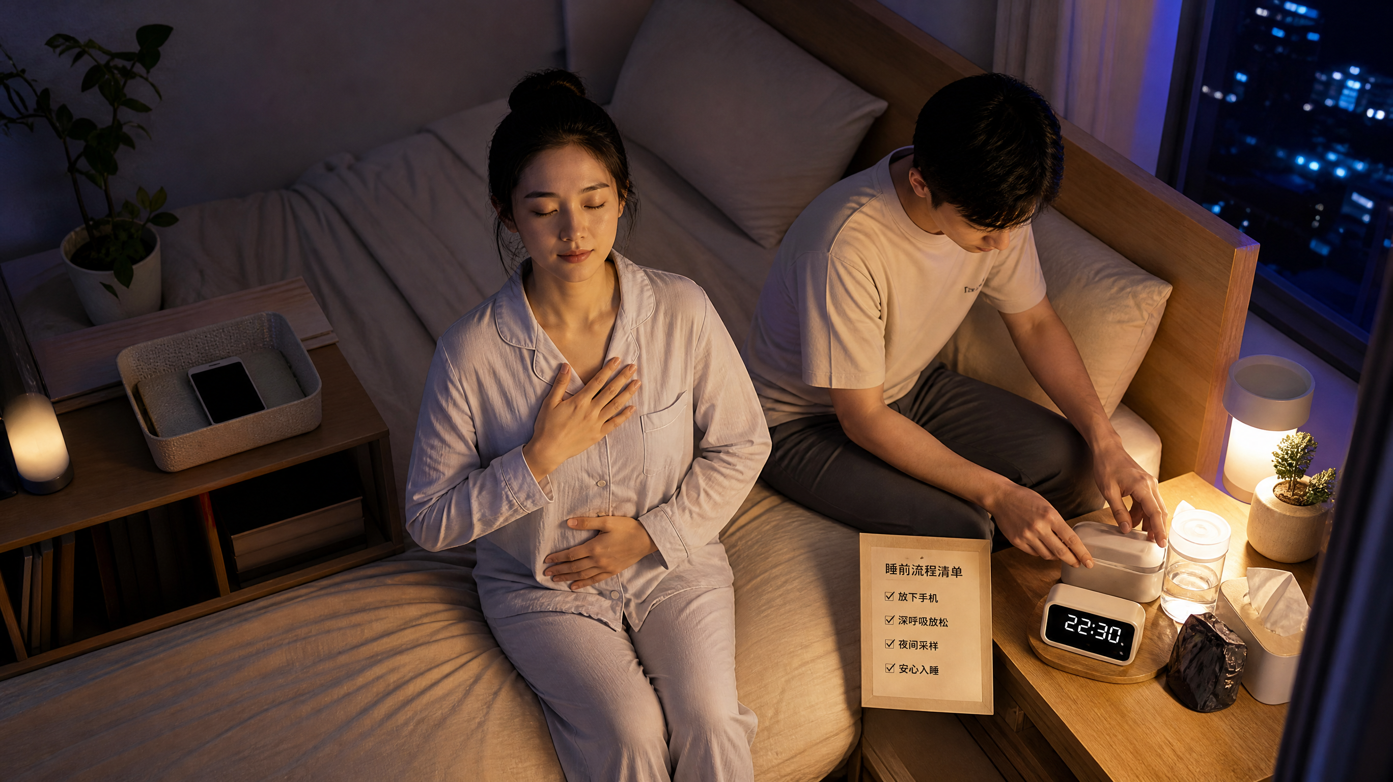 中国年轻夫妻的卧室夜景，床头柜上整齐摆放“晨测准备物品”（采样杯、闹钟、小垃圾袋、纸巾），旁边放着一