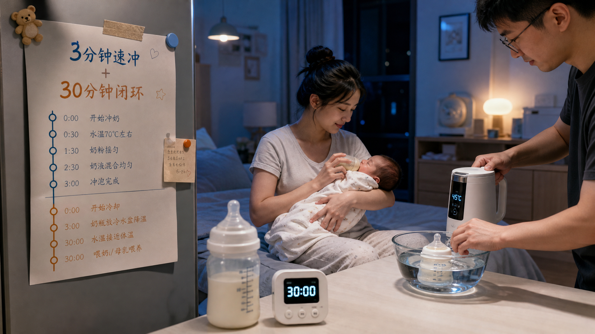 中国年轻新手妈妈与年轻爸爸在夜晚的家中厨房与卧室交界处协作照料新生儿的场景，妈妈坐在床边抱着中国新生