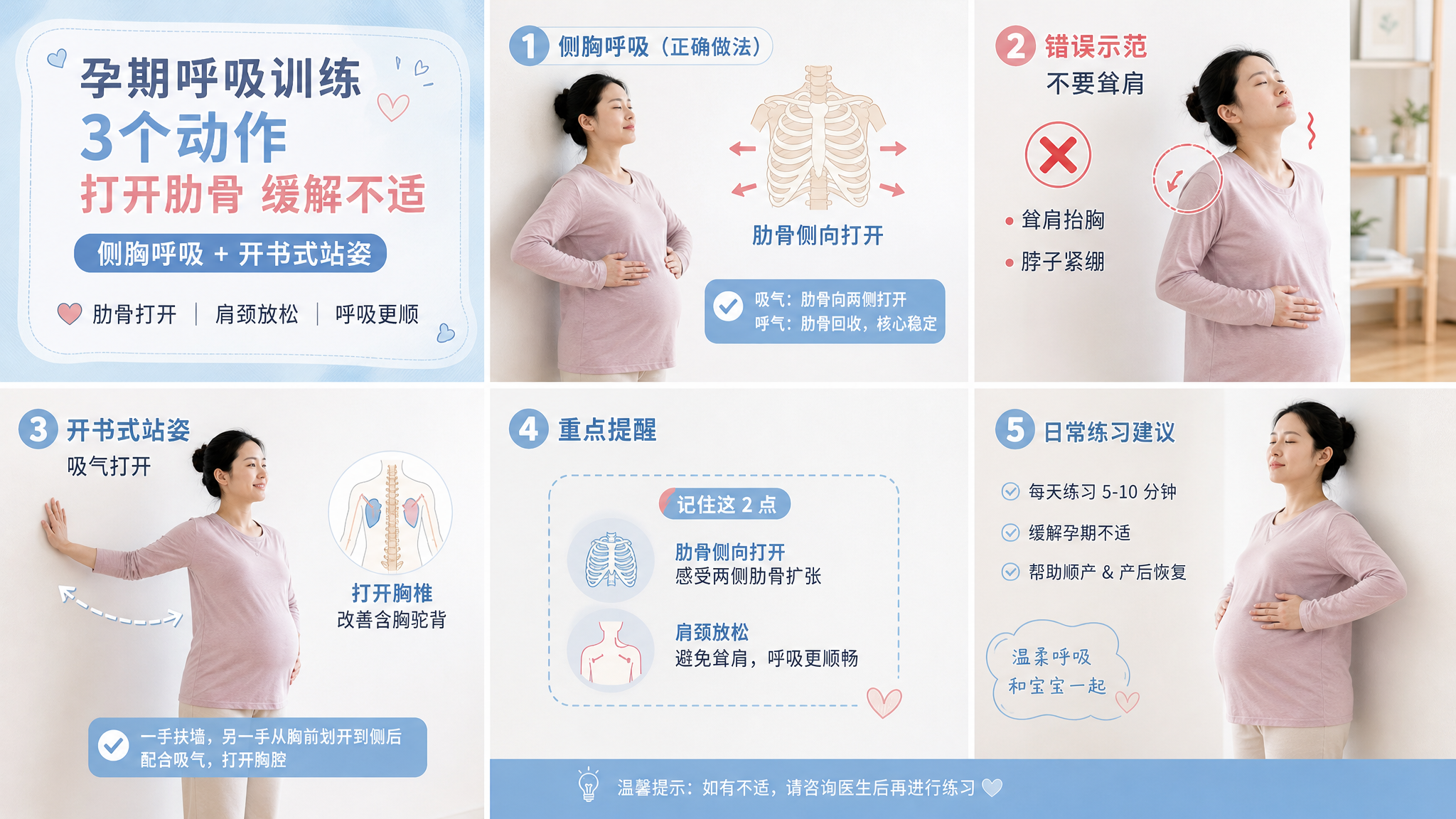 九宫格科普配图，插画+真人结合风格；中国孕妈（孕中晚期，穿宽松居家运动服）在明亮的室内靠墙站立练习侧