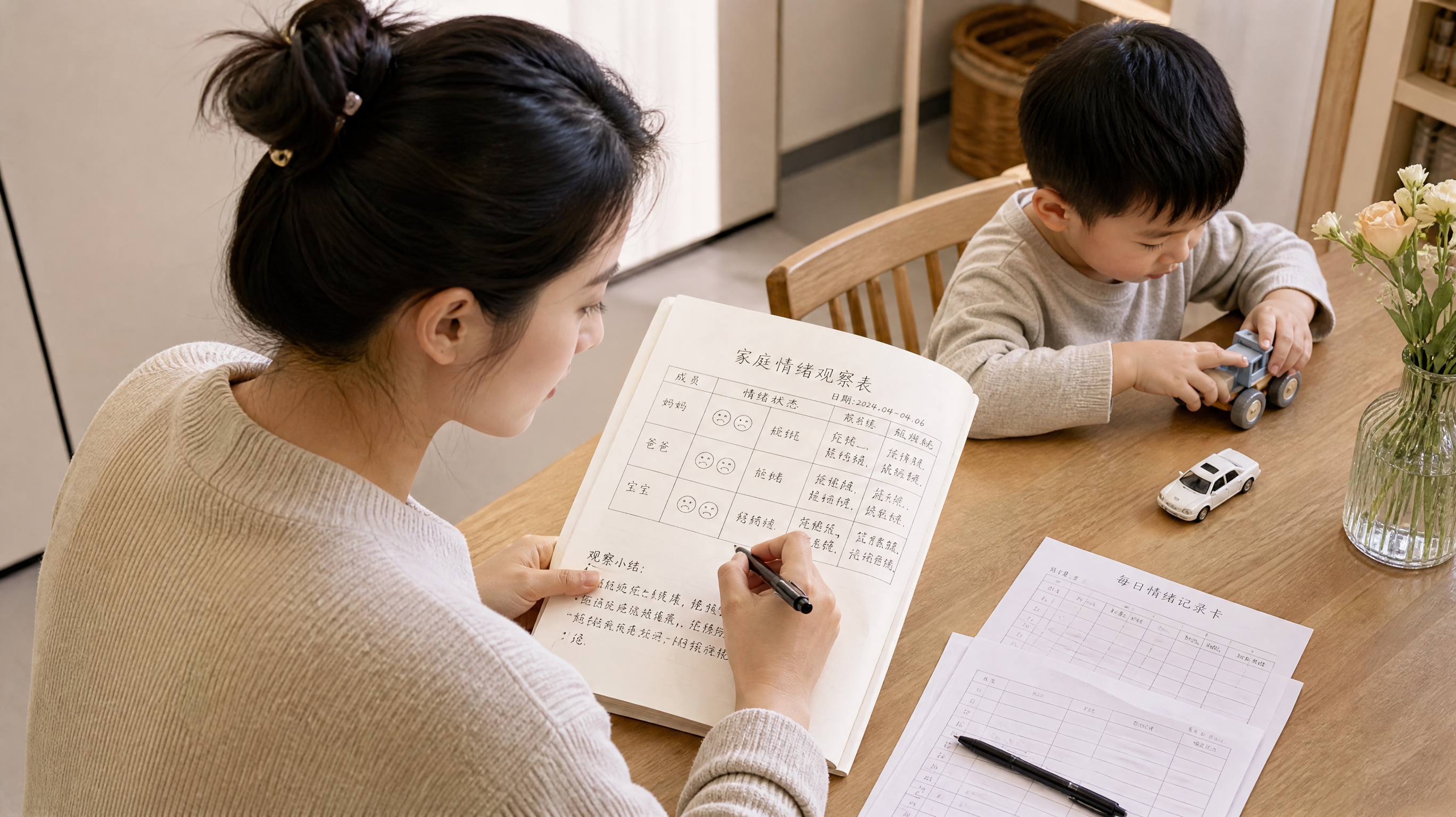中国年轻妈妈在餐桌旁，用科研笔记风格的手账记录“家庭情绪观察表”，旁边坐着一位中国幼儿在玩小车玩具，