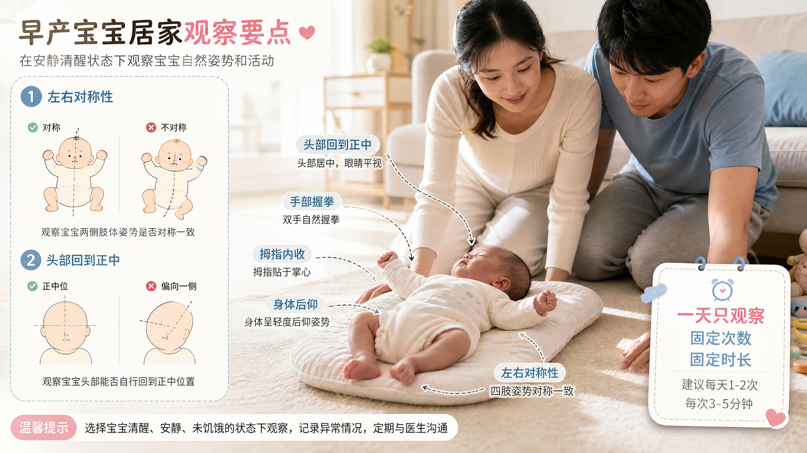 温暖明亮的家庭客厅场景，中国年轻妈妈和中国爸爸坐在地毯旁观察中国早产婴儿的自然活动，婴儿平躺在柔软垫